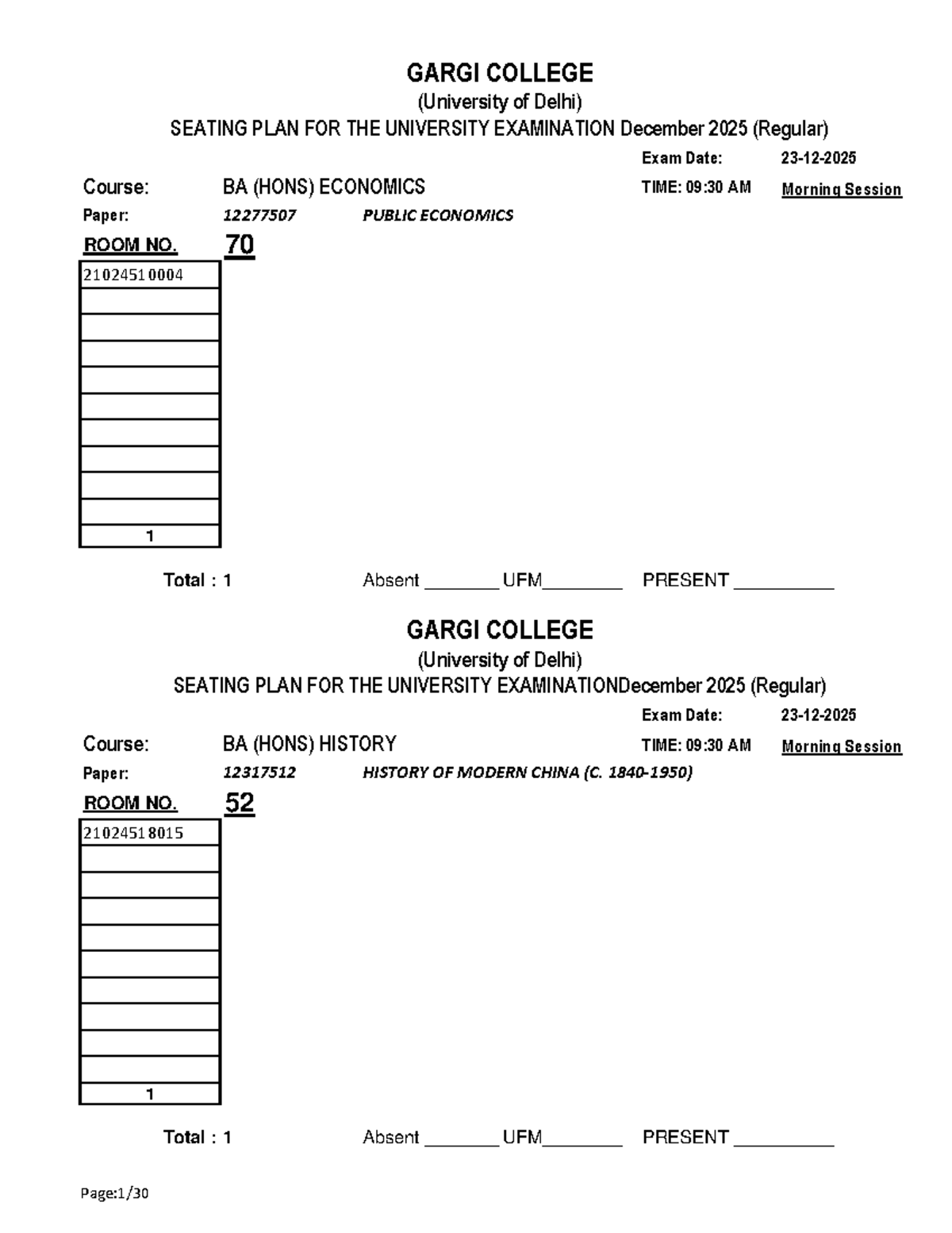 GARGI COLLEGE (University of Delhi) SEATING PLAN FOR DEC 2025 EXAMS ...