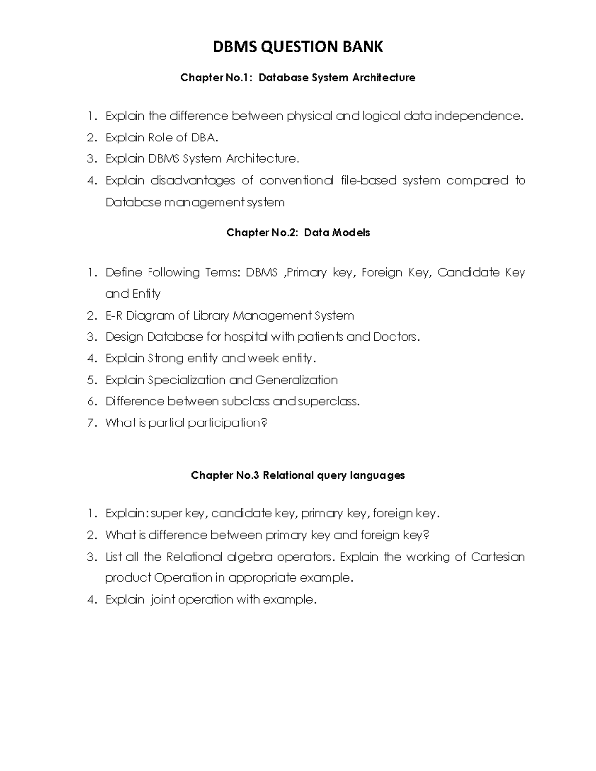 DBMS Question Bank: Key Concepts and Architectural Structures - Studocu