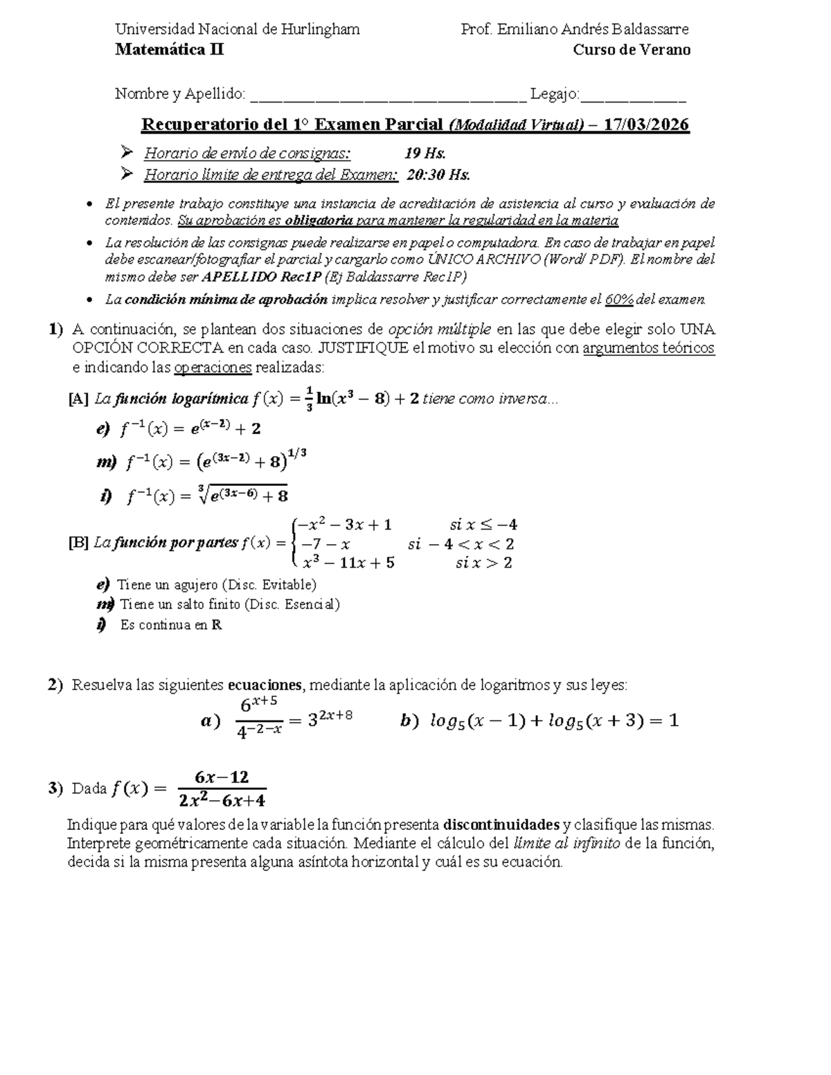Recuperatorio Examen Parcial Matemática II - CV 2026 - Studocu