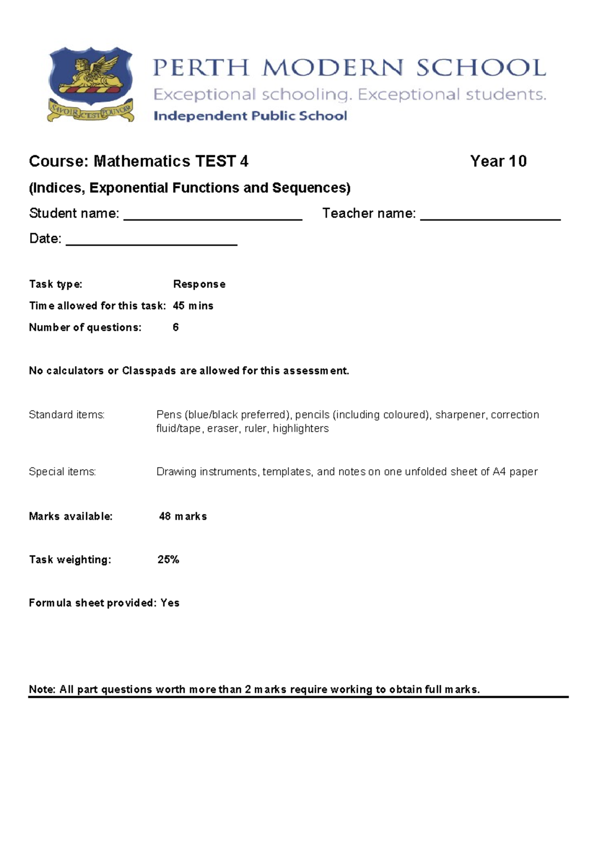 Mathematics Year 10 Test 4: Indices & Exponential Functions - Studocu