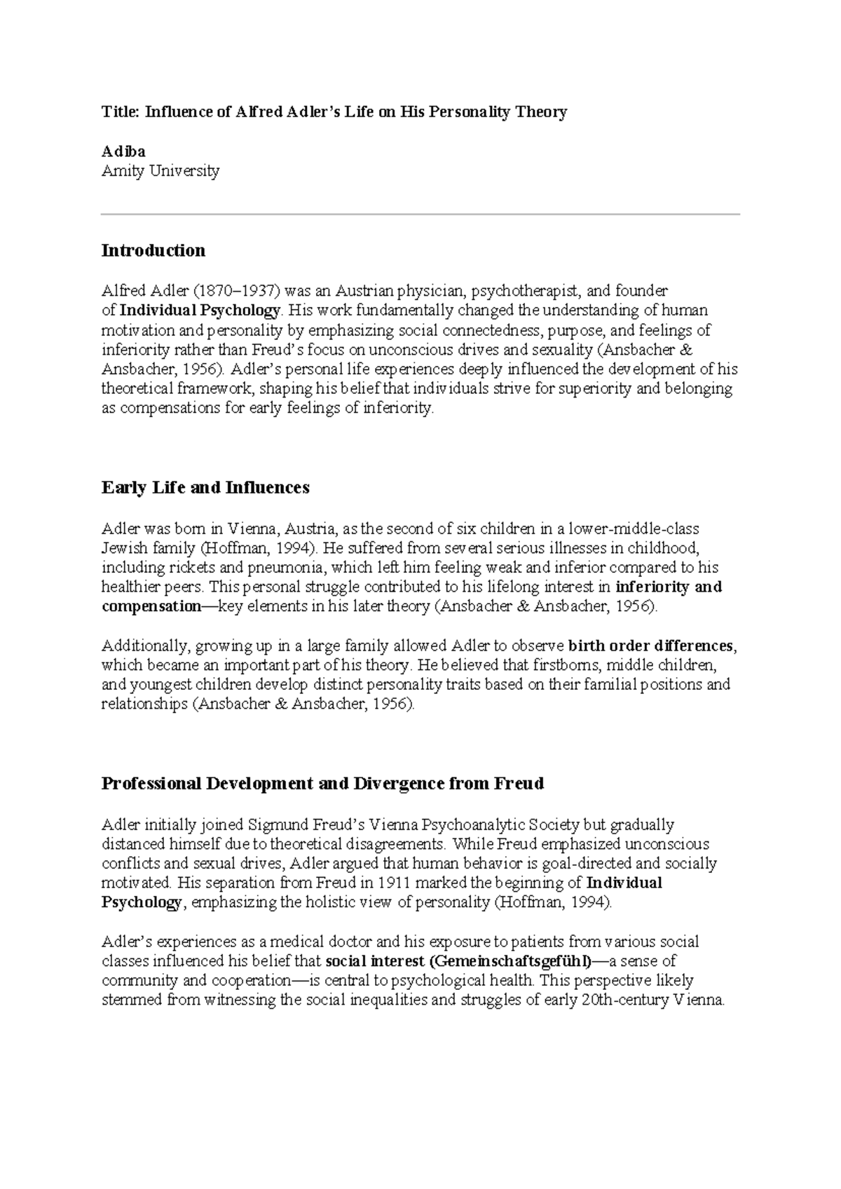Influence of Alfred Adler on Personality Theory: Insights and ...