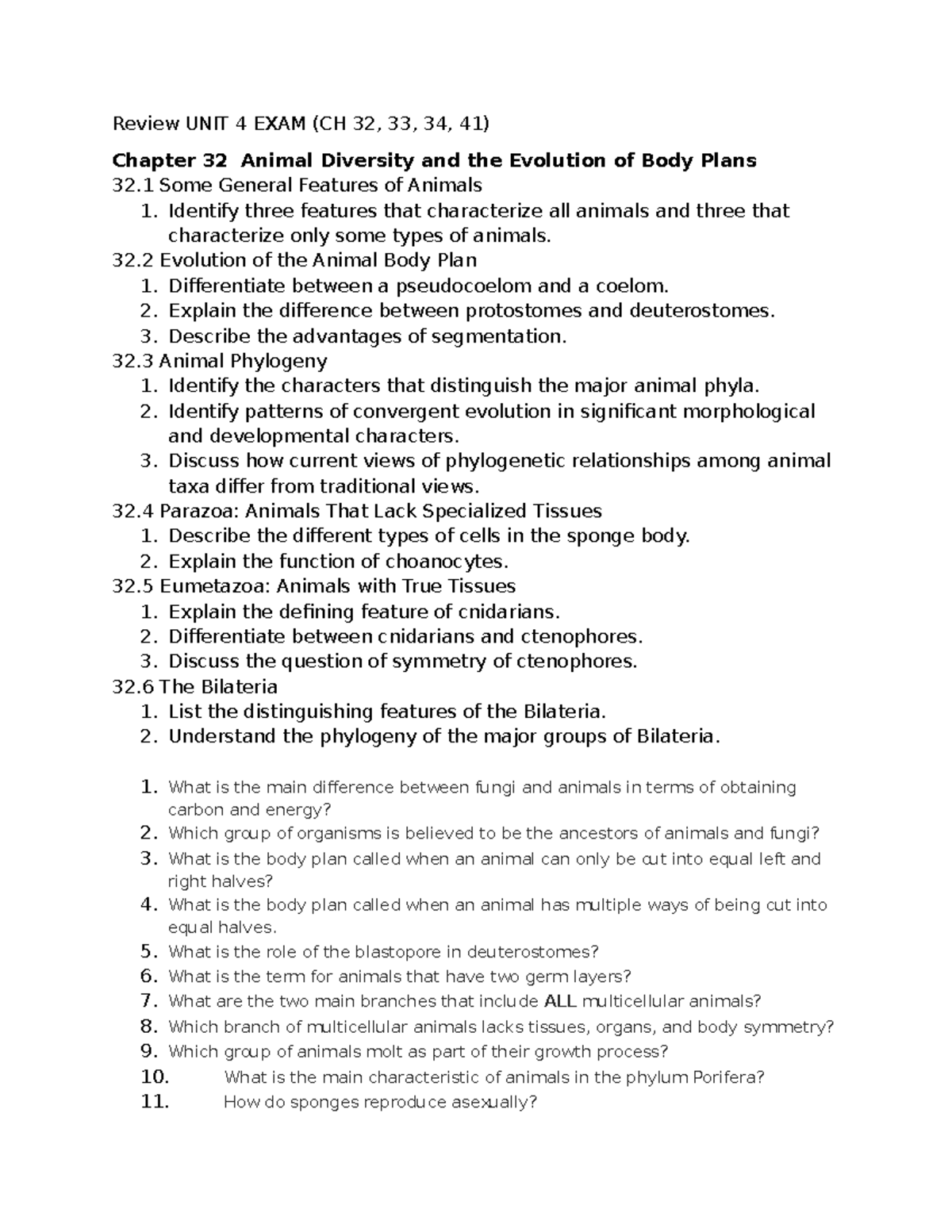 Unit 4 Exam Review: Animal Diversity (Ch 32, 33, 34, 41) - Review UNIT ...