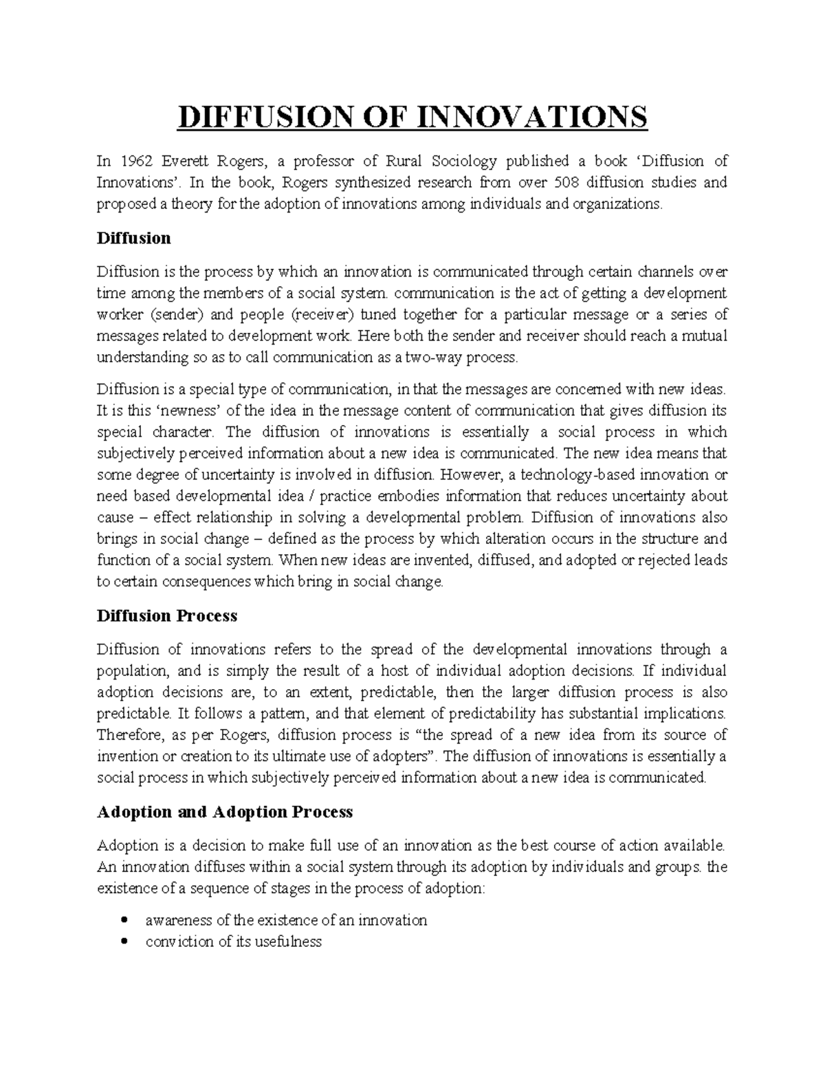 Diffusion of Innovations: Key Concepts and Processes - Studocu