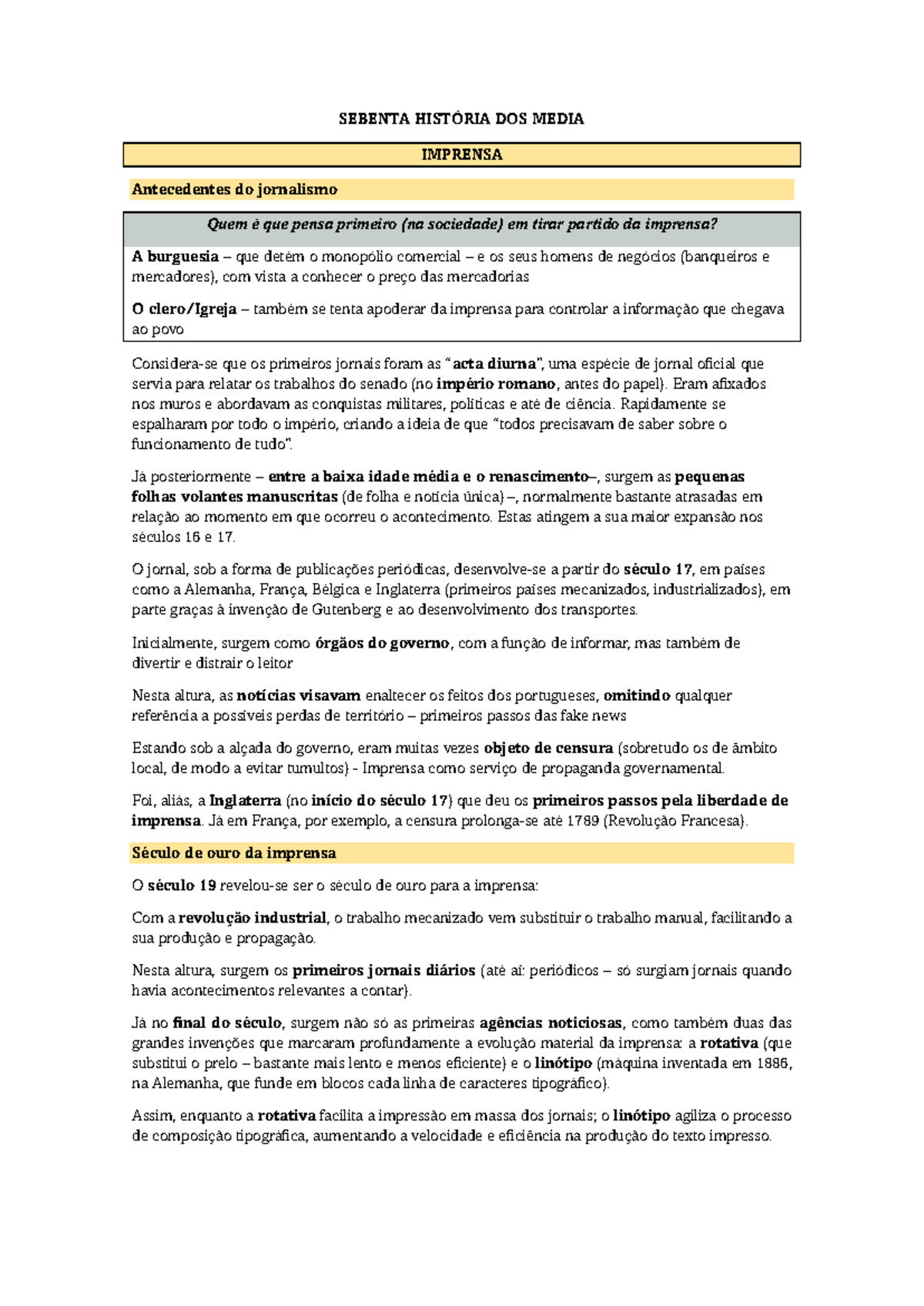 Sebenta História DOS Media - SEBENTA HISTÓRIA DOS MEDIA IMPRENSA ...