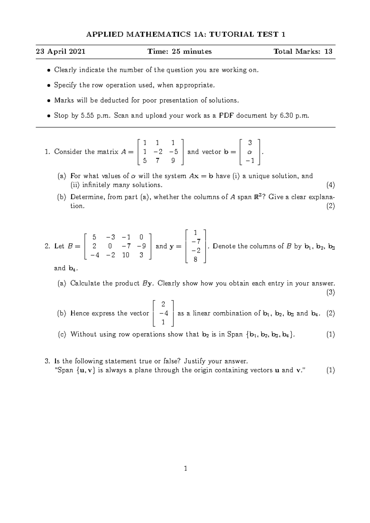 APPLIED MATHEMATICS 1A: TUTORIAL TESTS OVERVIEW 2021 - Studocu