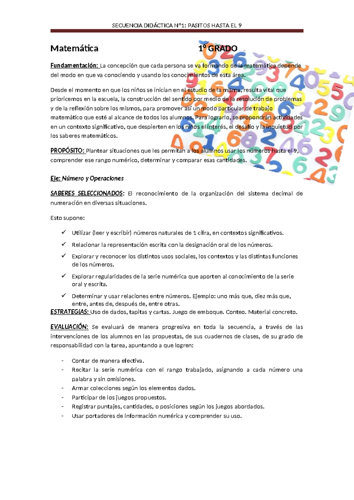 SECUENCIA DIDÁCTICA Nº1: PASITOS HASTA EL 9 - Matemática GRADO 2025 - Document Preview