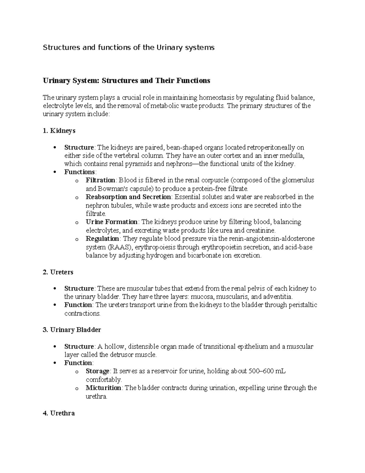 Final Exam Anatomy Review: Urinary System Structures & Functions - Studocu