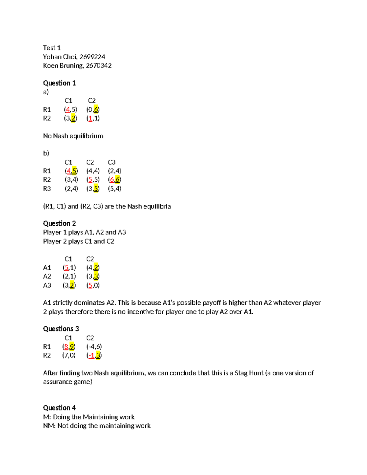 Test 1: Game Theory Concepts and Nash Equilibrium Analysis - Studeersnel