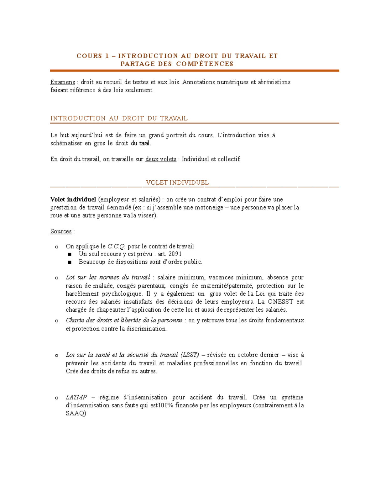 Cours-1 - Cours 1 - COURS 1 – INTRODUCTION AU DROIT DU TRAVAIL ET ...
