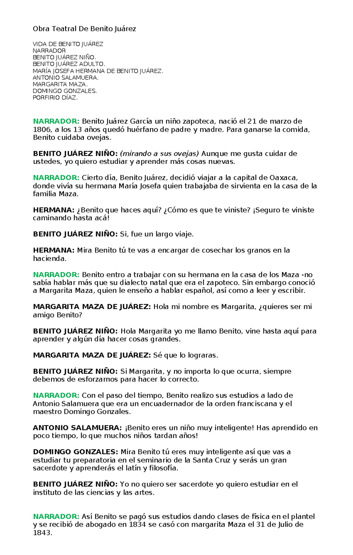 Obra Teatral sobre la Vida de Benito Juárez: Un Legado Histórico - Document Preview