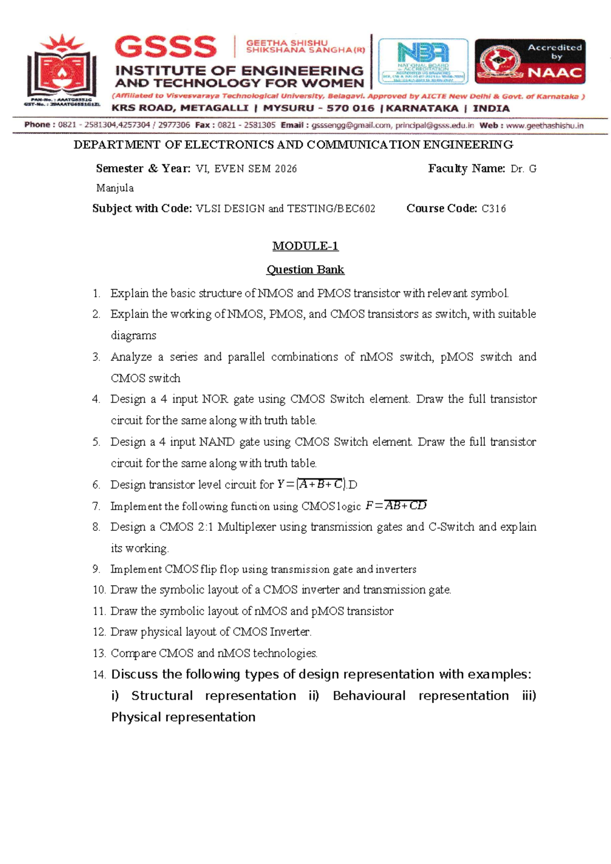 C316 VLSI DESIGN Question Bank - Semester VI, Even Sem 2026 - Studocu