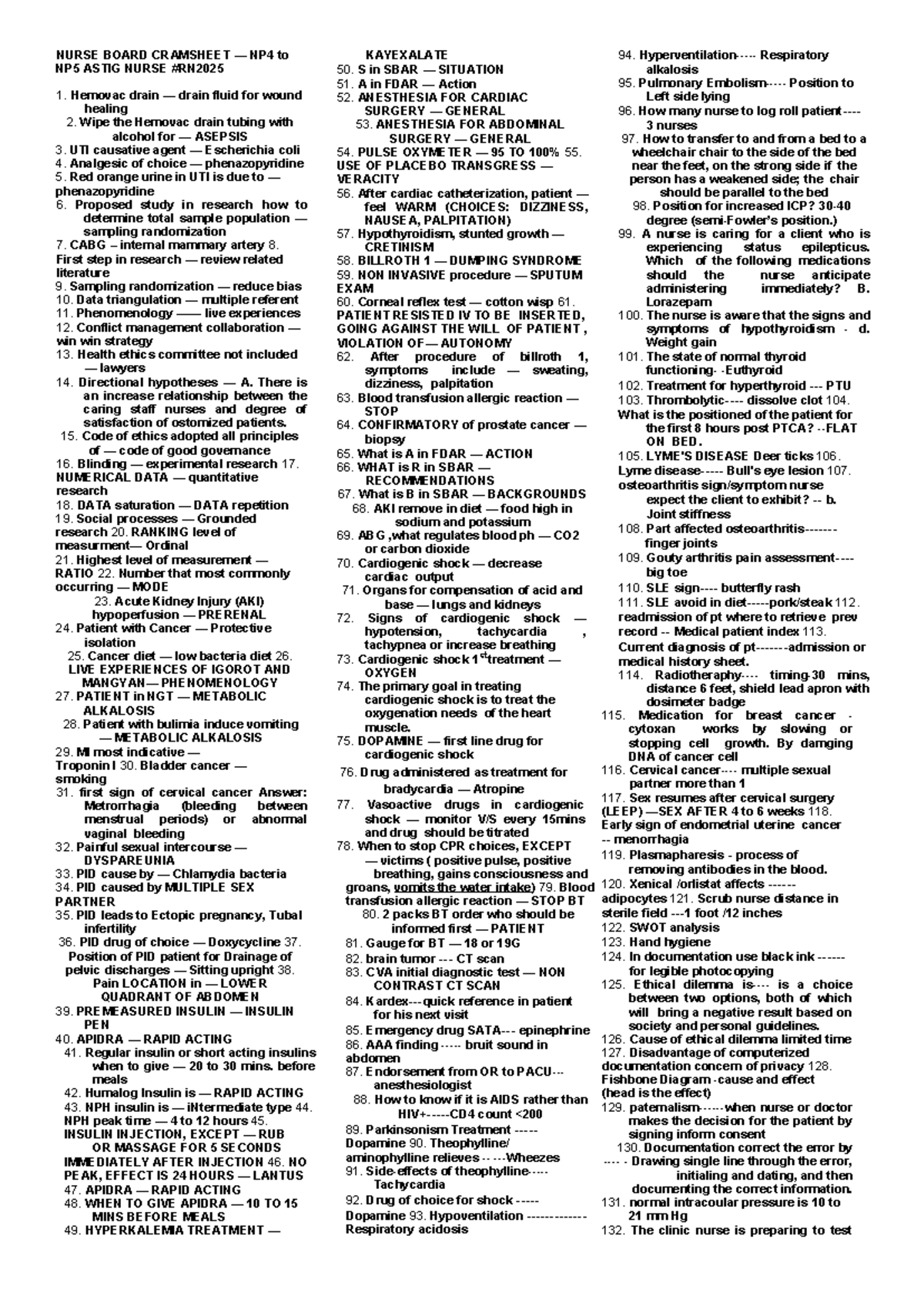 NP4-NP5 RN25 Astig Nurse Cram Sheet: Key Concepts & Guidelines - Document Preview