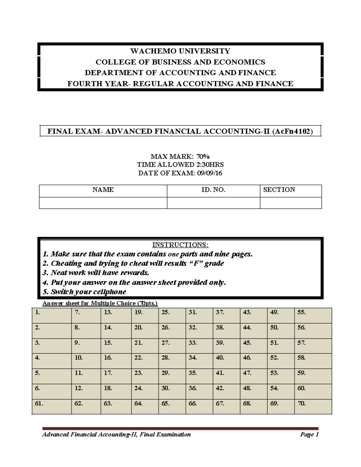 AFA-II, Final Exam Answer Key for Advanced Financial Accounting - Studocu