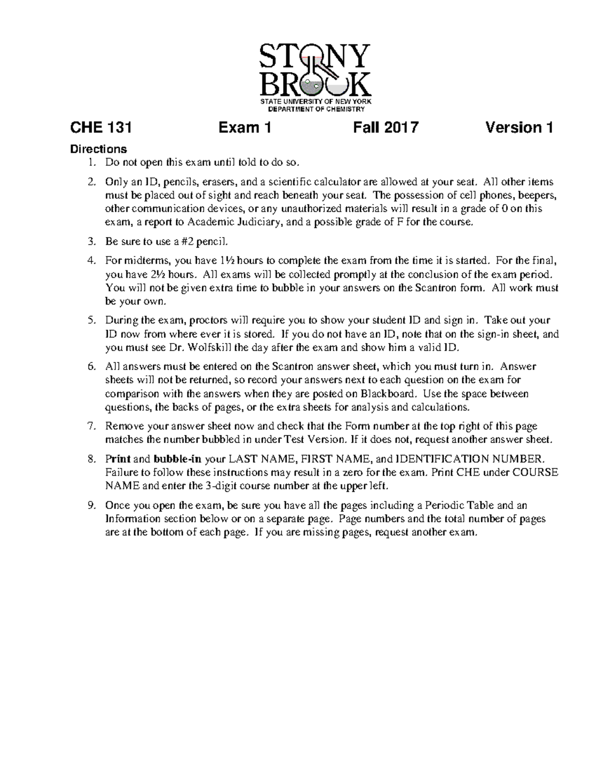 CHE 131 F17 - Practice Exam 2017 - 26 Questions, Version 1 - Studocu
