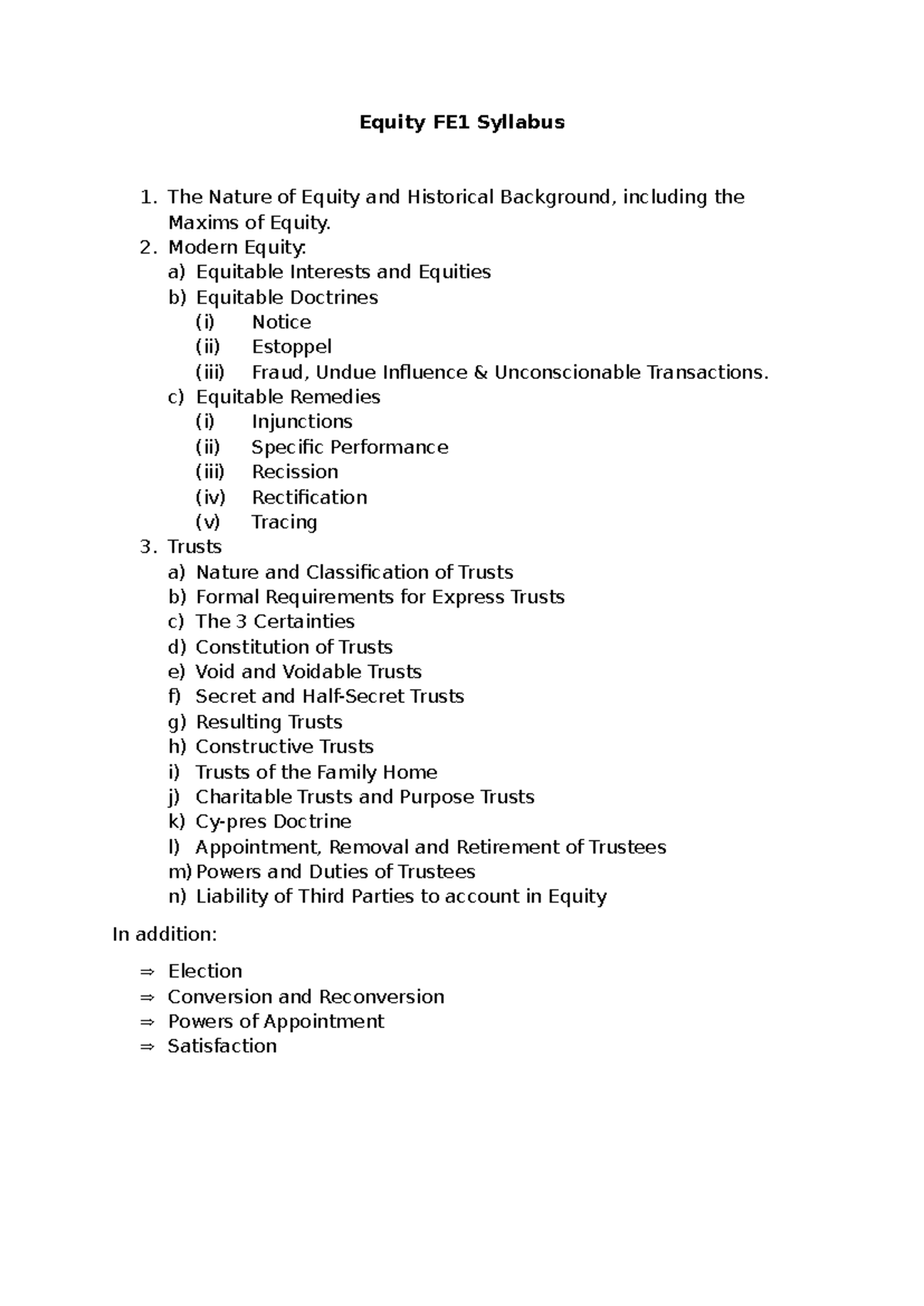 Equity FE1 Syllabus: Key Concepts, Doctrines, and Trusts Overview - Studocu