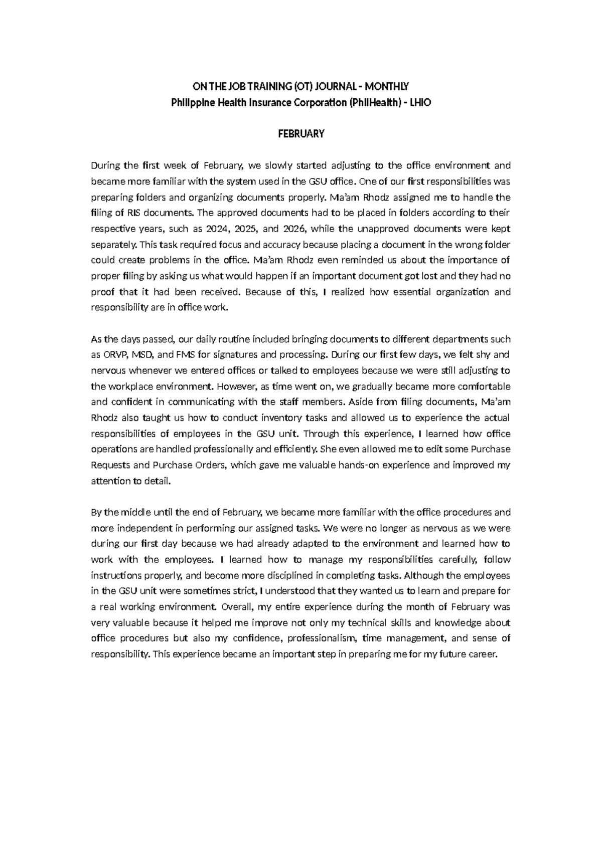 OJT Journal: Monthly Reflections at PhilHealth (Feb-Mar 2023) - Studocu