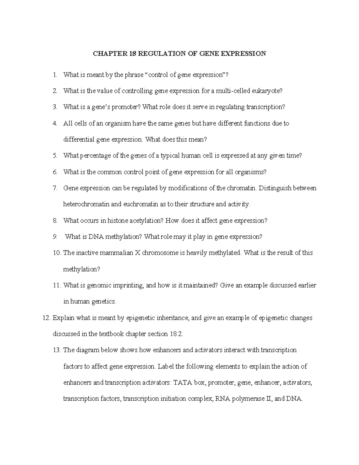 Chapter 18 Study Guide: Regulation of Gene Expression F24 - Studocu