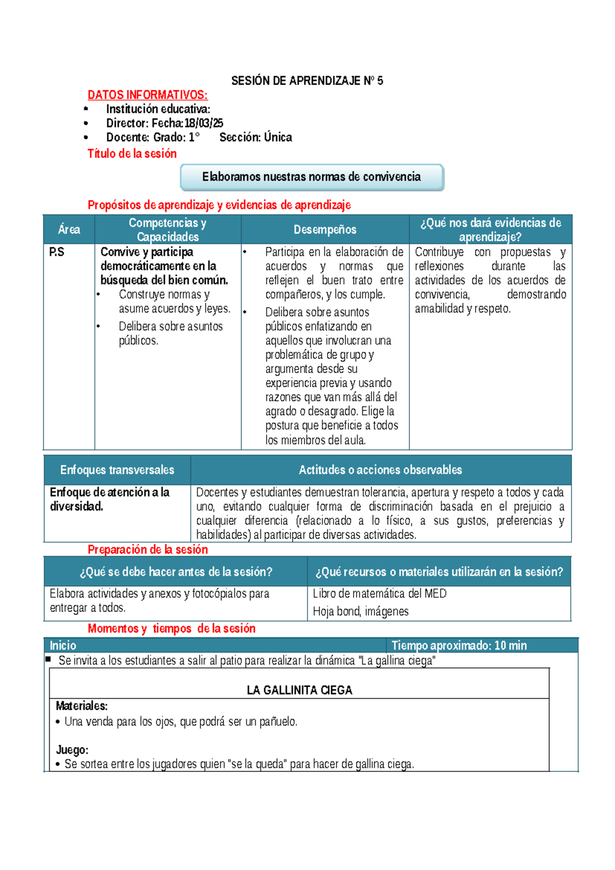 SESION DE APRENDIZAJE Nº 5: ELABORAMOS NORMAS DE CONVIVENCIA P.S. - Studocu