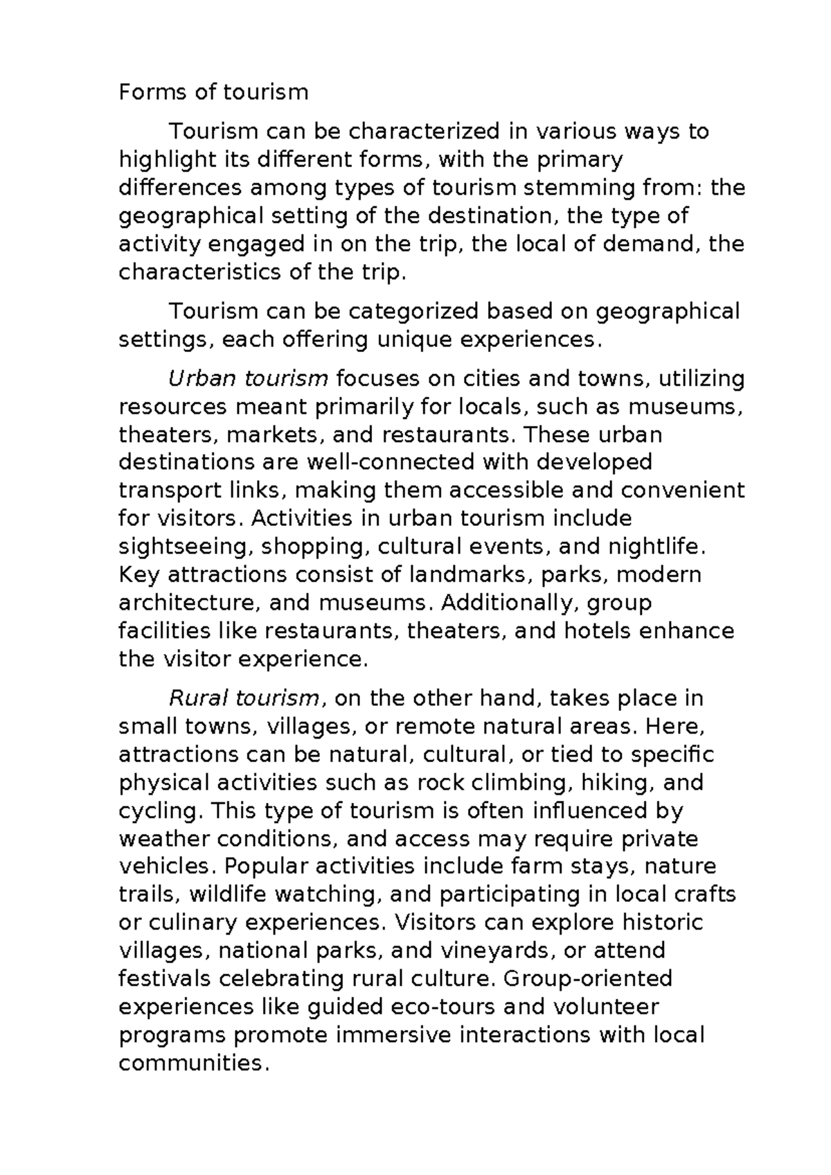 Forms of Tourism: Exploring Different Types and Characteristics - Studocu