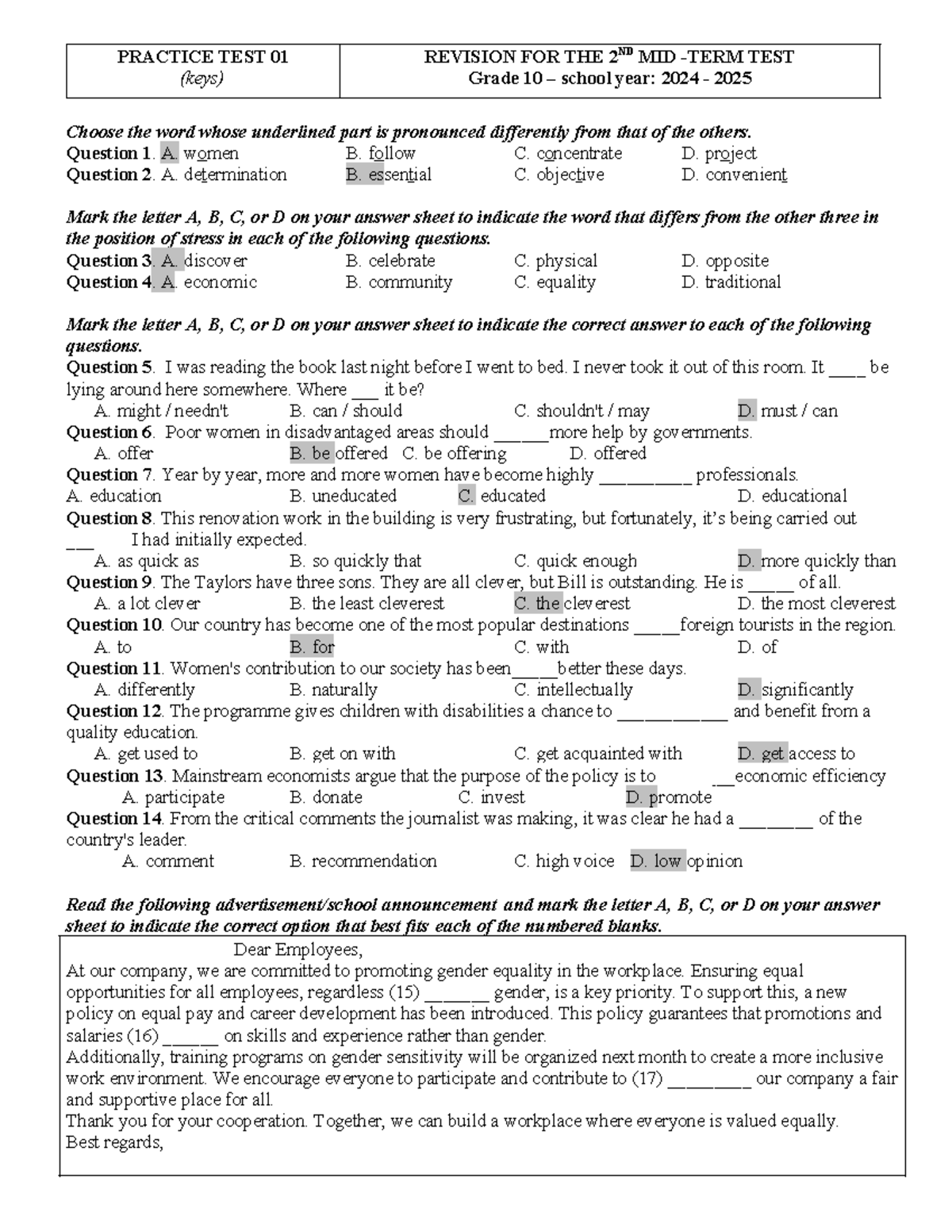 PRACTICE TEST 01 (Keys) - Revision for 2nd Midterm Grade 10 - Studocu
