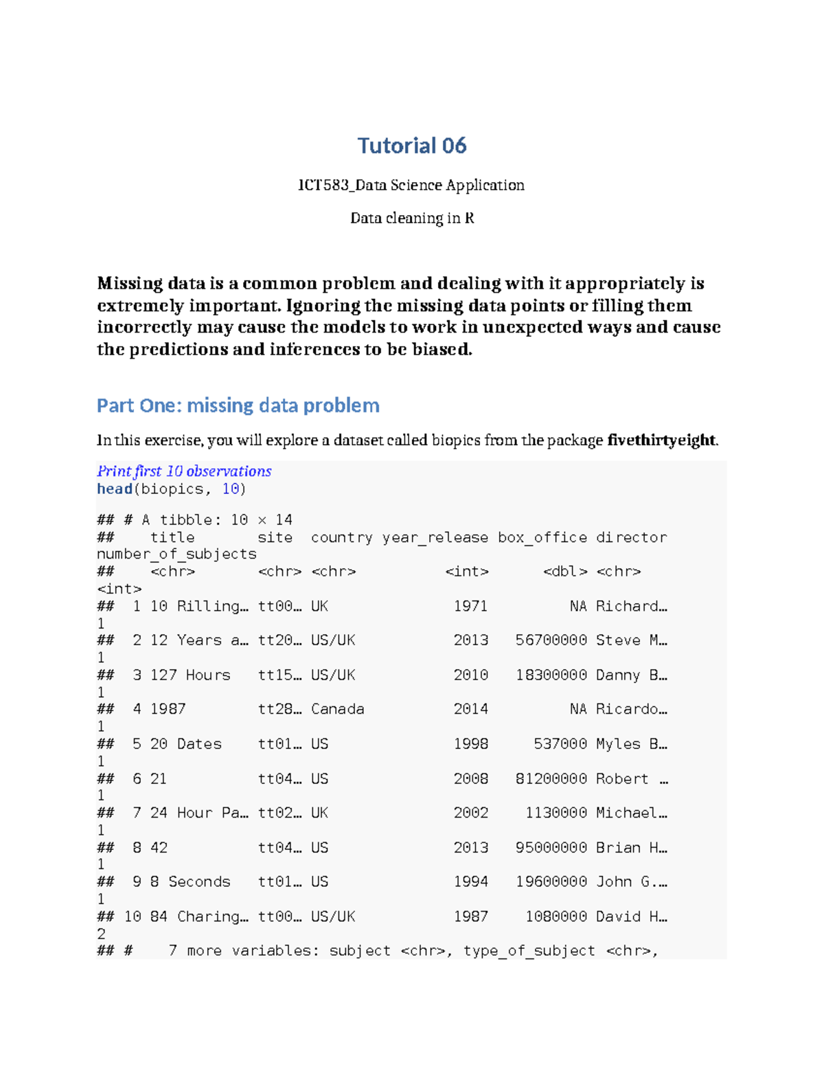 Tutorial 06 ICT583 Data Science: Handling Missing Data in R - Studocu