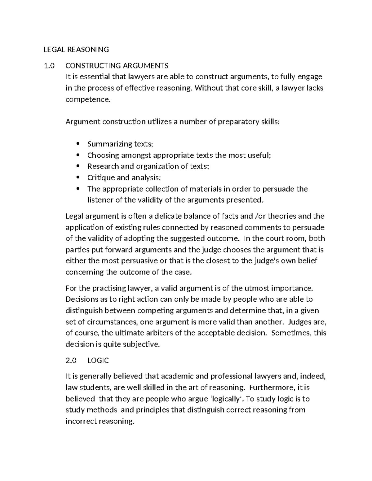 LEGAL REASONING 1.0: CONSTRUCTING ARGUMENTS AND LOGIC - Studocu