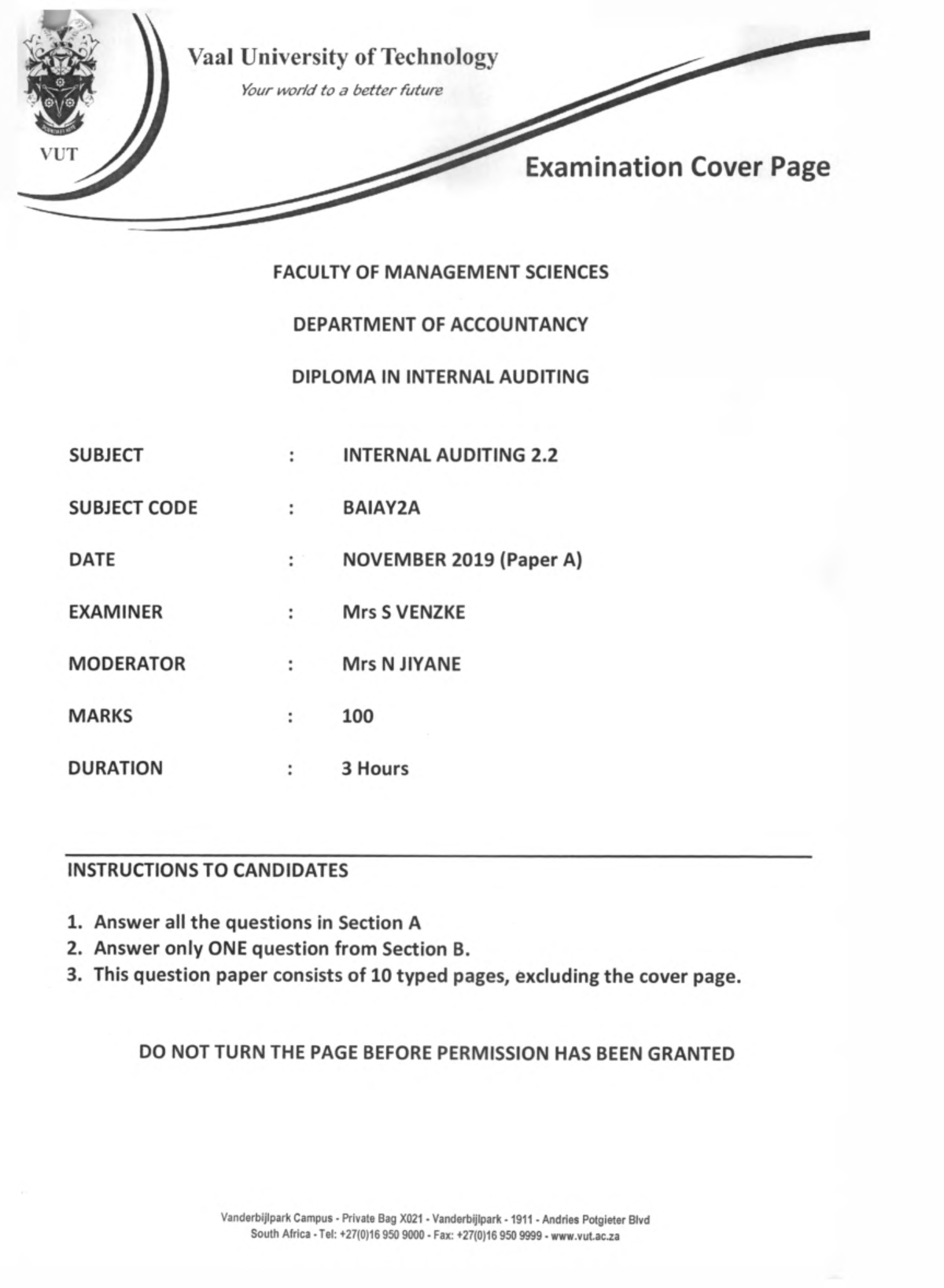 Internal Auditing Final Exam Paper BAIAY2A - November 2019 - Studocu