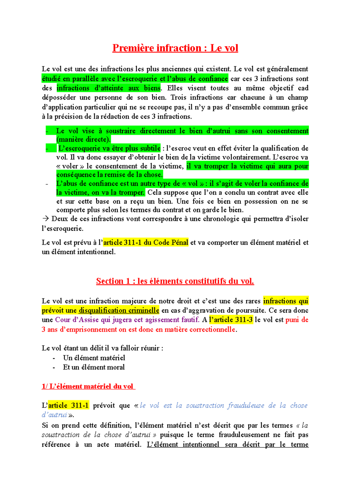 1- Le vol - Première infraction : Le vol Le vol est une des infractions ...