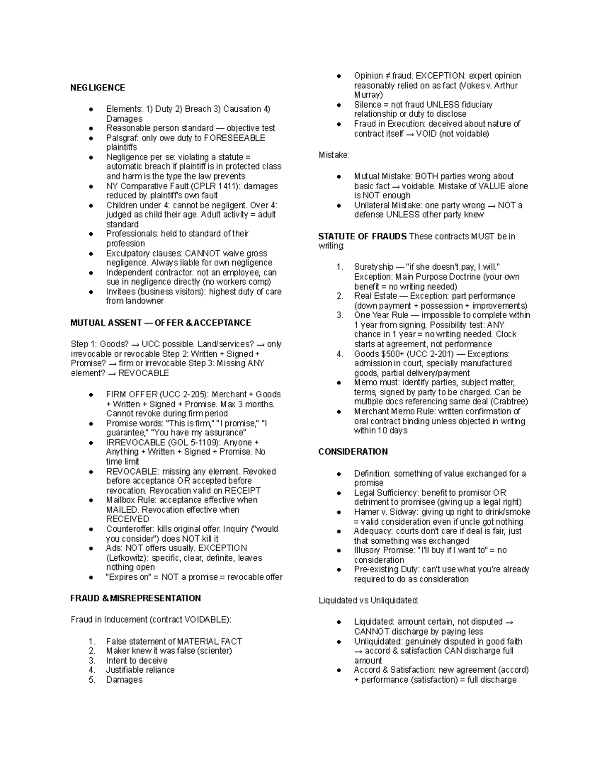 Law Final Exam - Negligence & Contract Principles Overview - Studocu