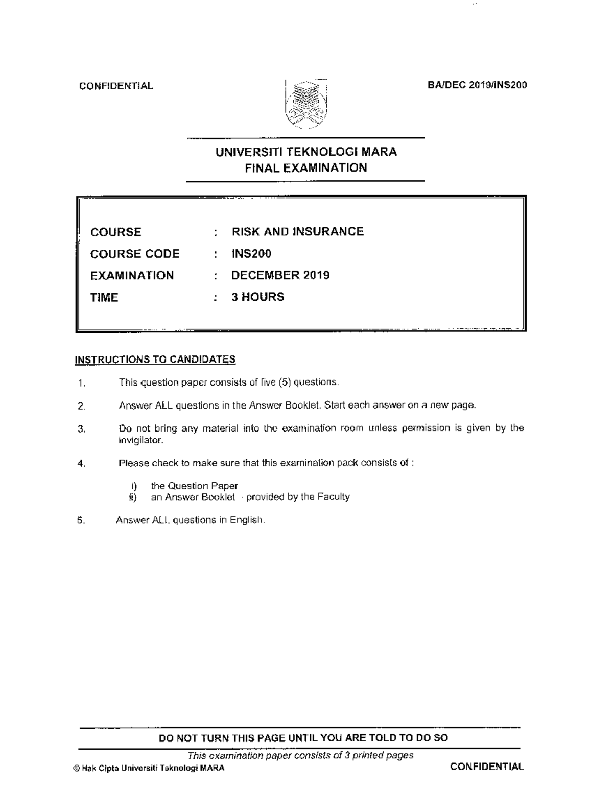 INS200 Final Exam - Risk and Insurance December 2019 - Studocu