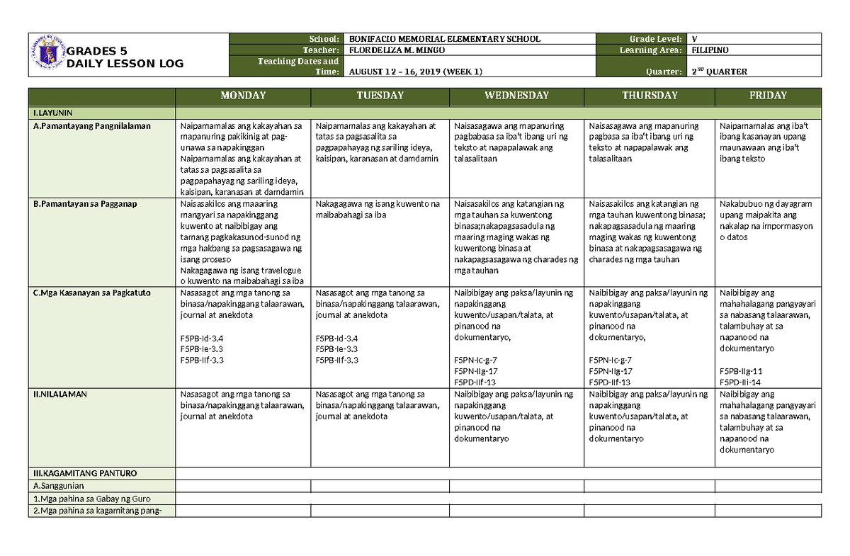 DLL Filipino 5 Q2 Week 1 Daily Lesson Log Activities - Studocu
