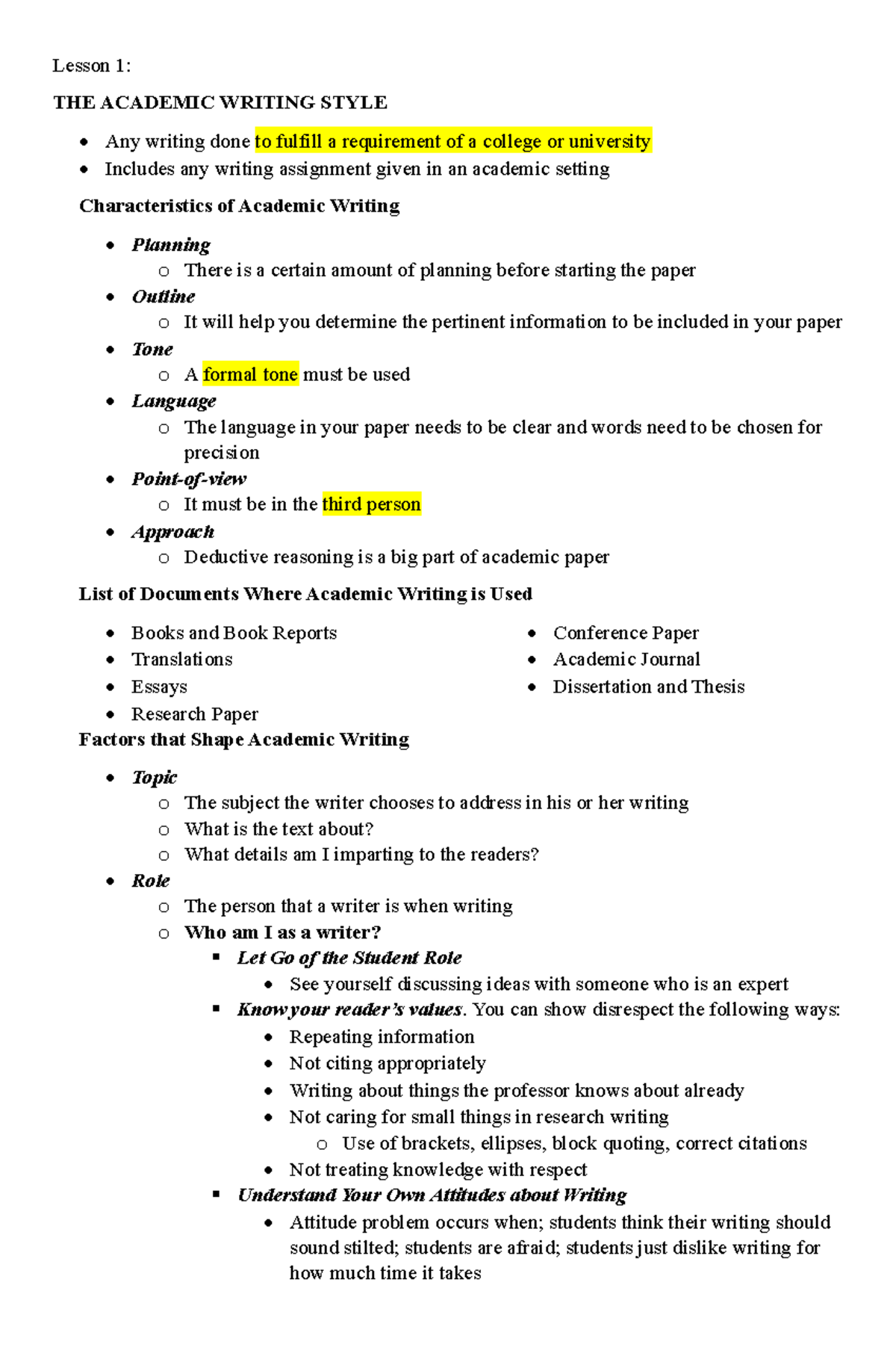 EAPP: Lesson Notes on Academic Writing Style and Structure - Studocu