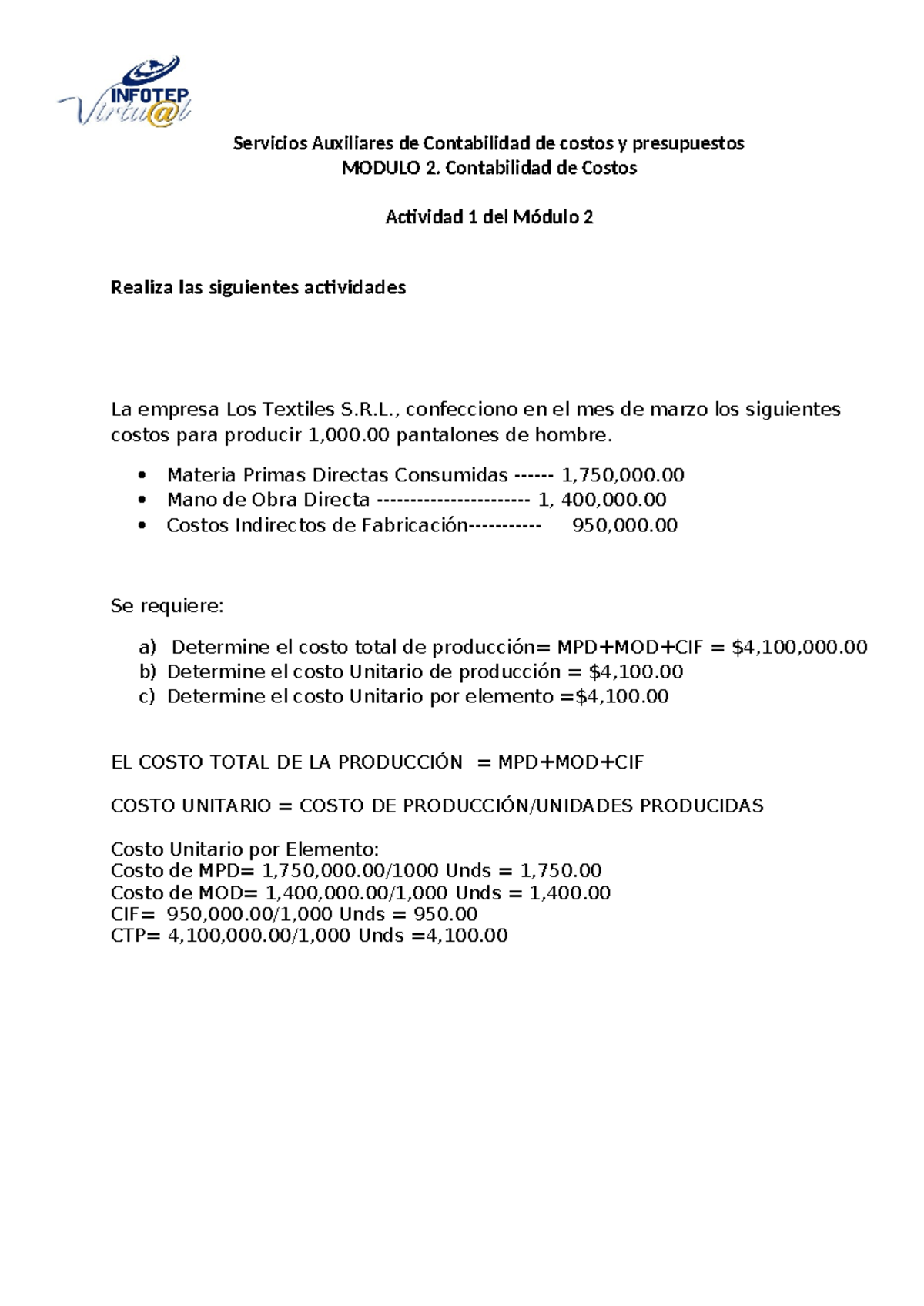 Actividad 1 - Módulo 2: Costos de Producción y Presupuestos - Studocu