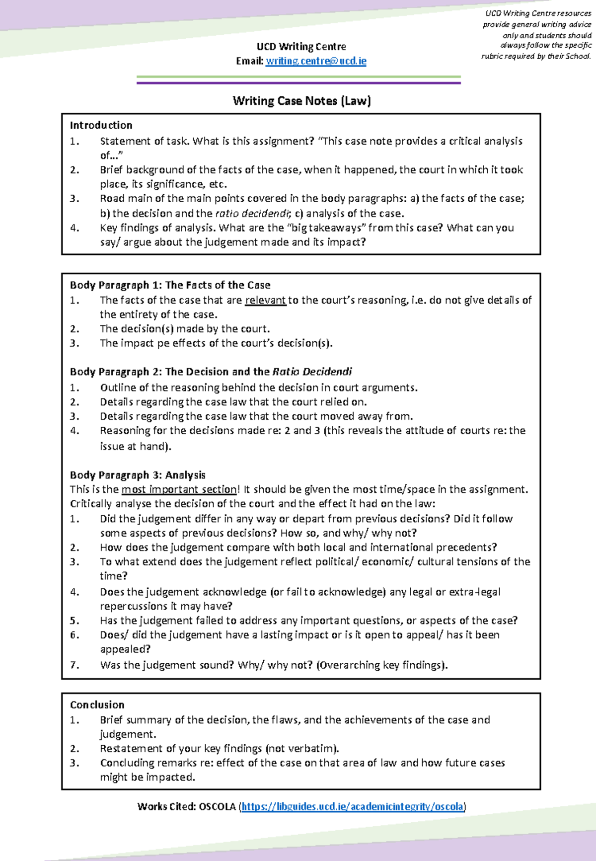 Writing Case Notes for Law (UCD Law Course) - Studocu
