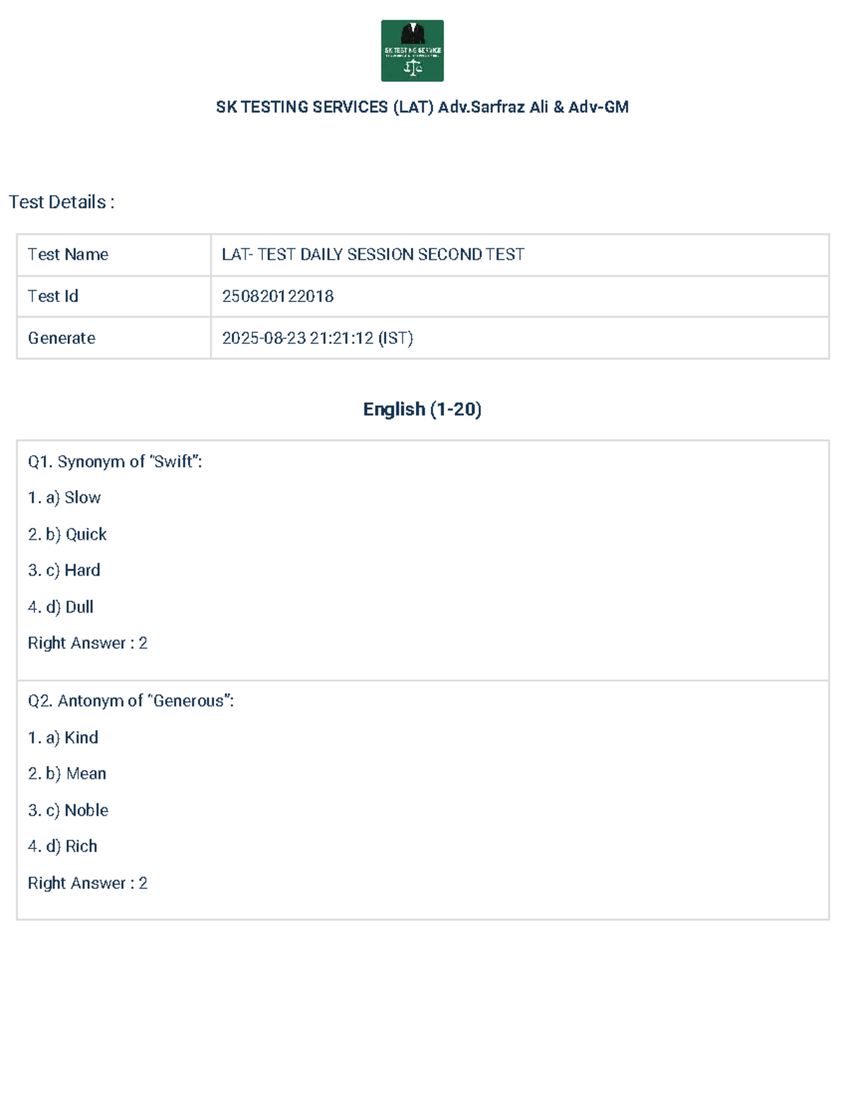 LAT - TEST Daily Session Second Test Details and Answers - Studocu