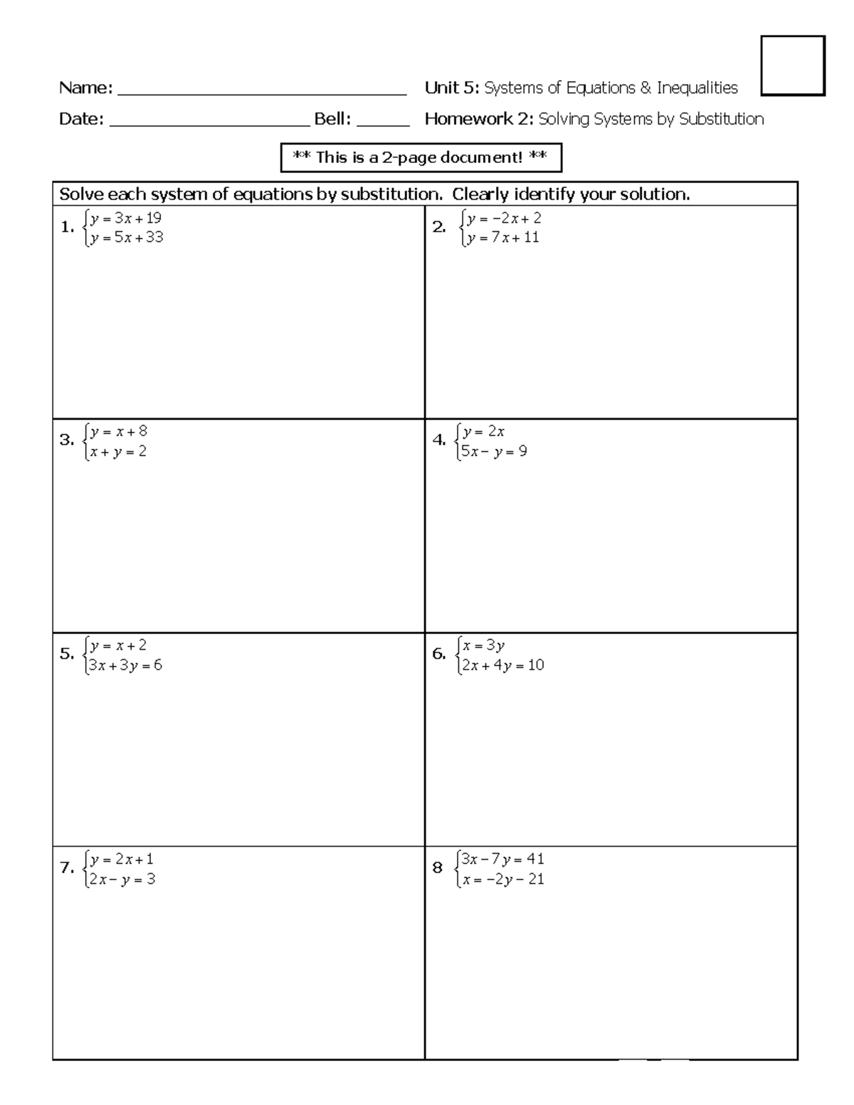 Unit 5: Algebra Homework 2 - Solving Systems by Substitution - Studocu