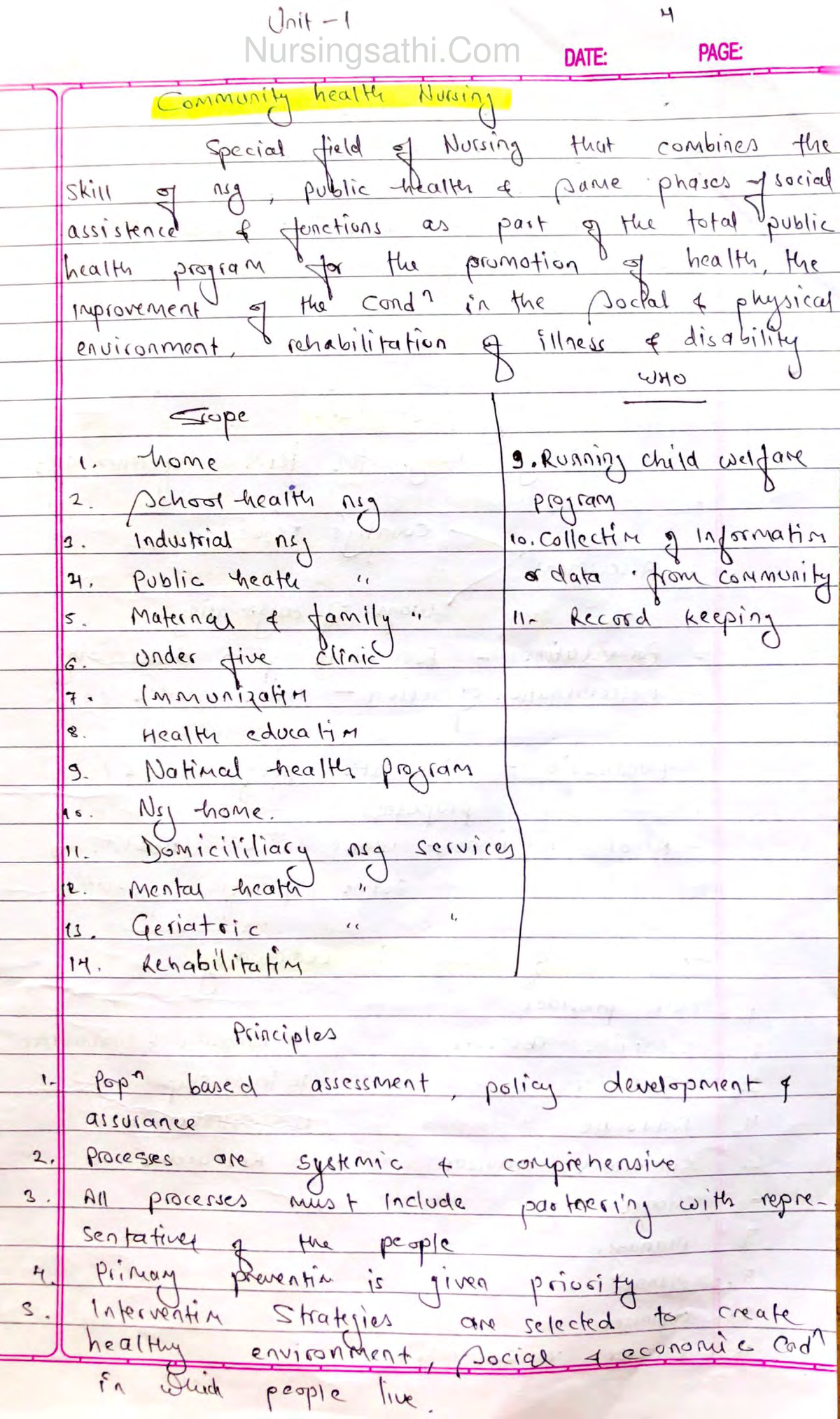 UNIT 1 - Nursing notes - Unit 4 Nursingsathi DATE: PAGE: Community ...