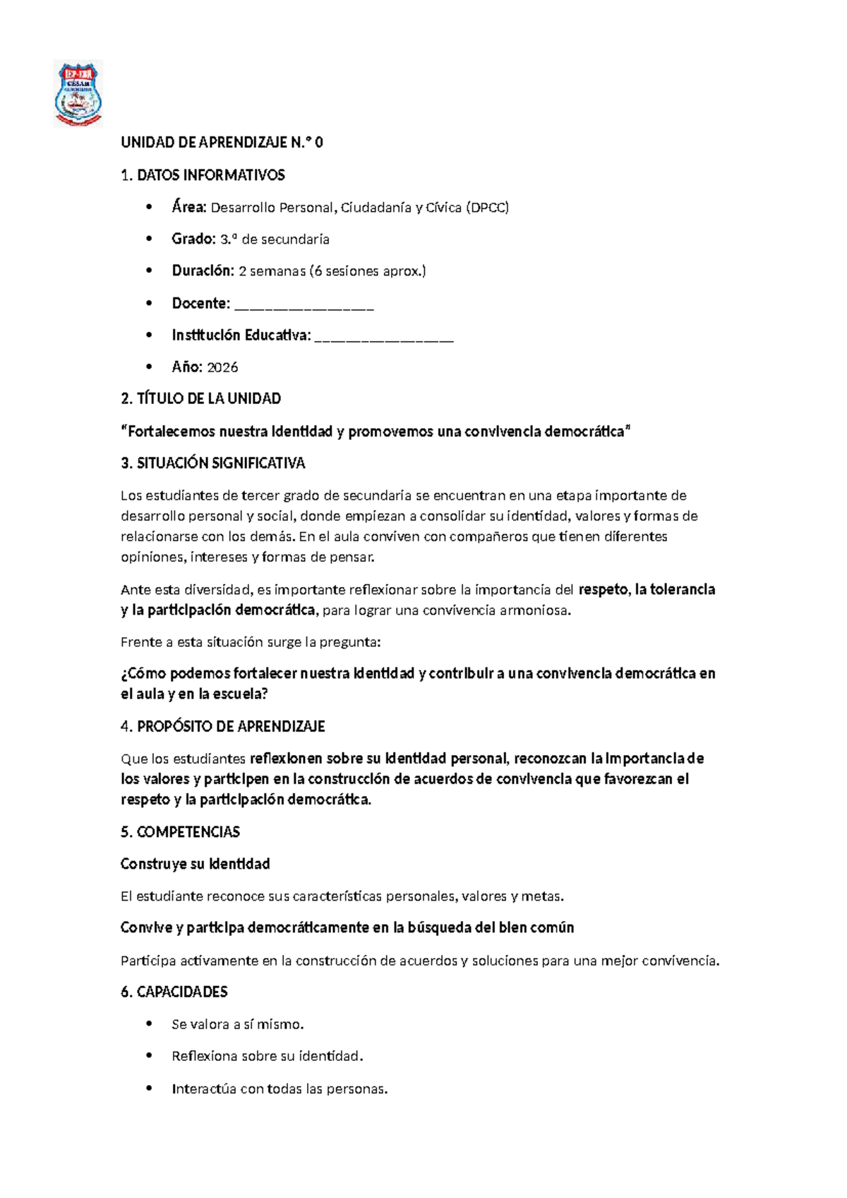 Unidad de Aprendizaje: Identidad y Convivencia en 3.º Sec. DPCC - Studocu
