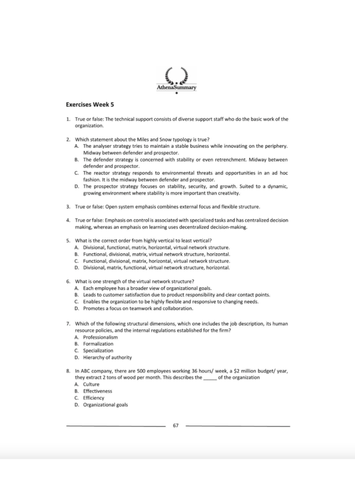 Strategy Athena Quiz Questions 1-7 - Studeersnel