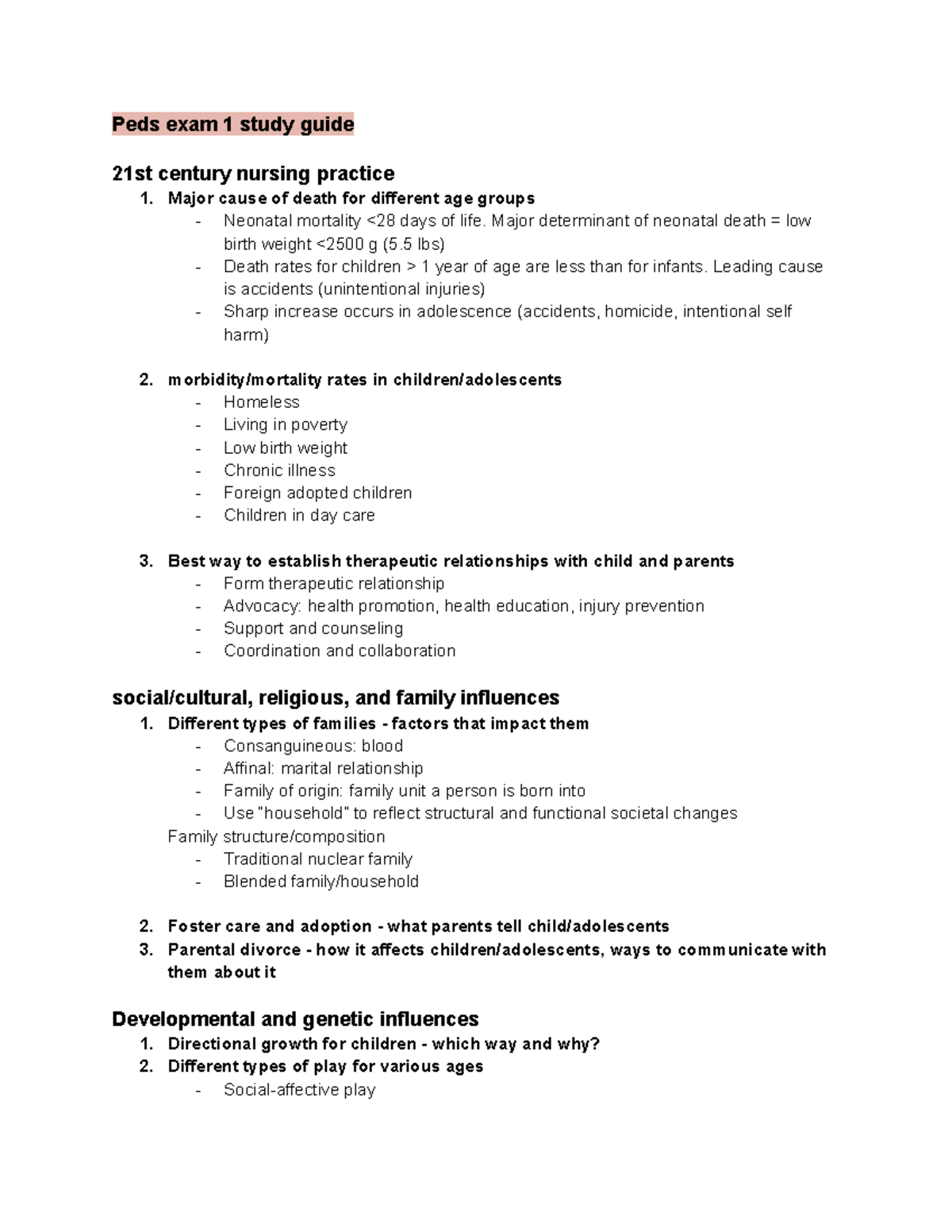 Peds 101: Exam 1 Study Guide on Child Development & Health - Studocu