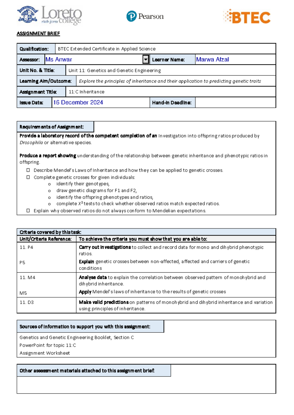 11:C Genetics and Genetic Engineering Assignment: Inheritance ...