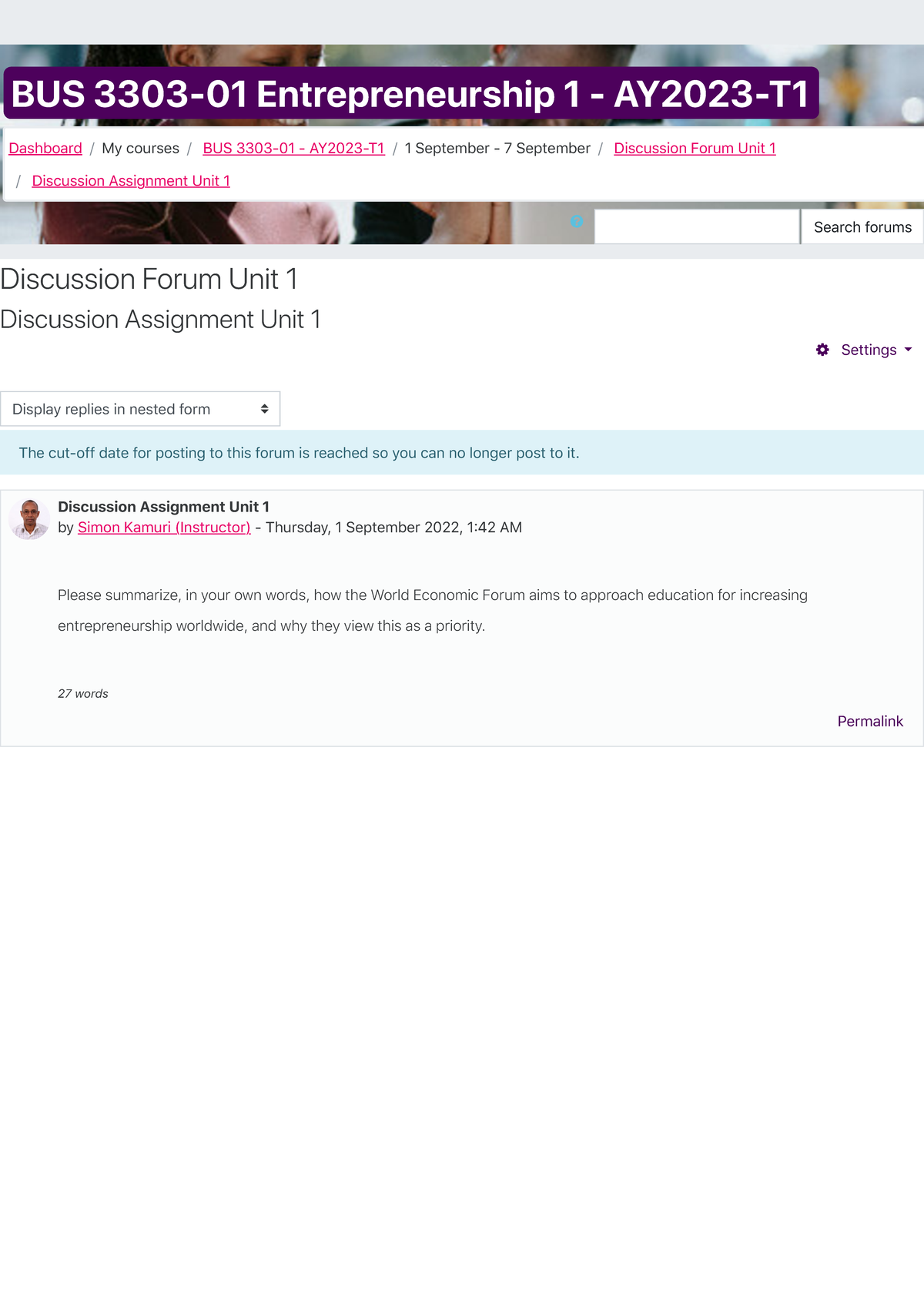 BUS 3303-01 - AY2023-T1: Discussion Assignment Unit 1 - BUS 3303-01 ...