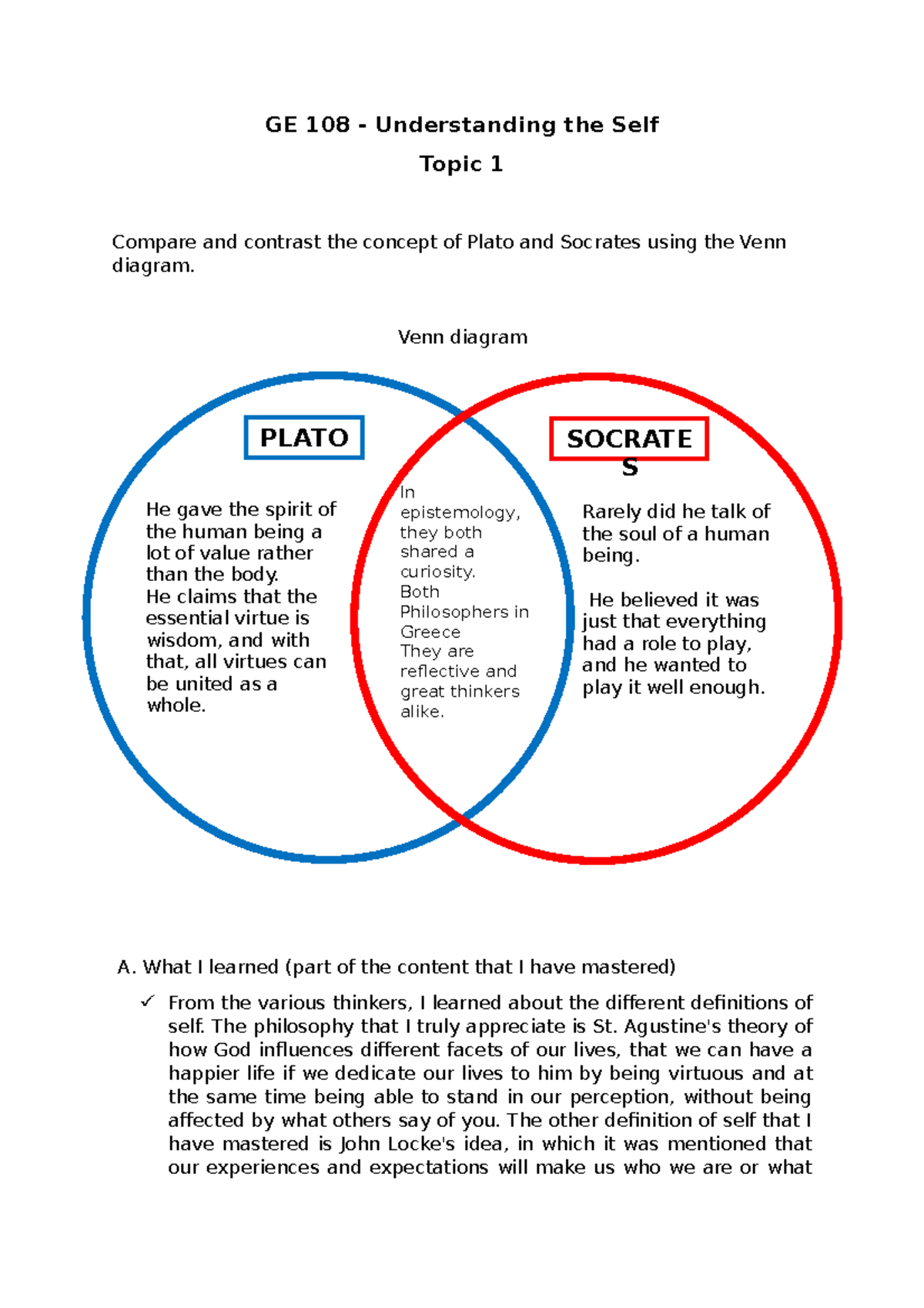 GE 108 - Understanding the Self - Topic 1: Plato vs Socrates Analysis ...