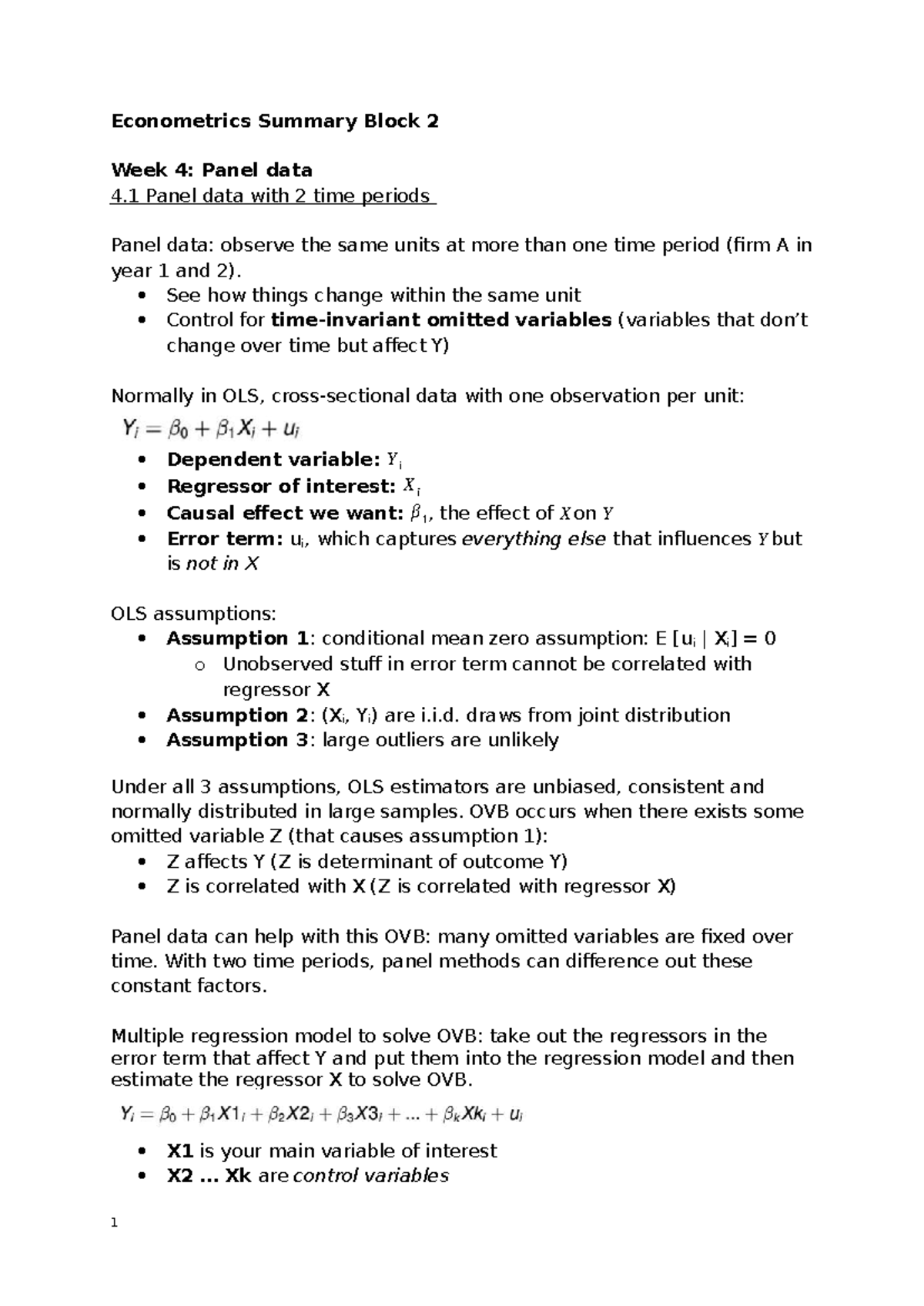Econometrics Summary Block 2: Panel Data Analysis and Omitted Variable ...