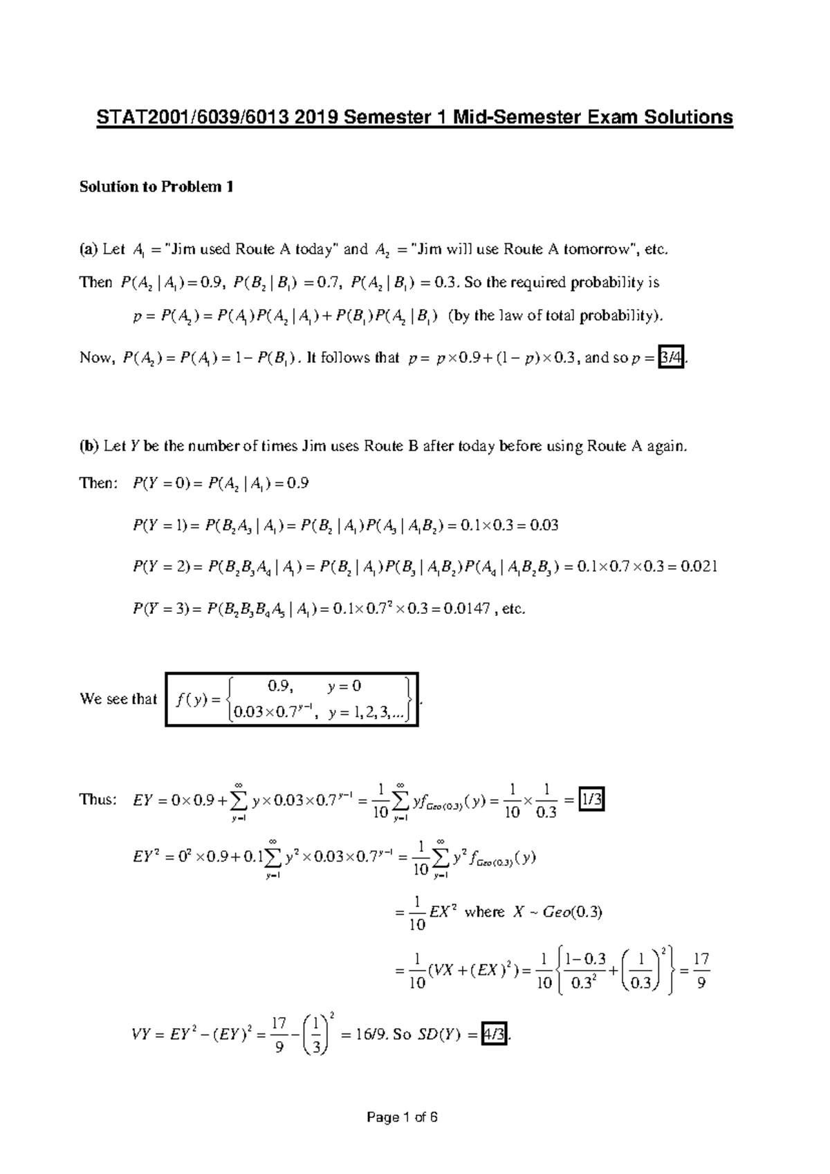 STAT2001/6039/6013 2019 Mid-Semester Exam Solutions - Studocu