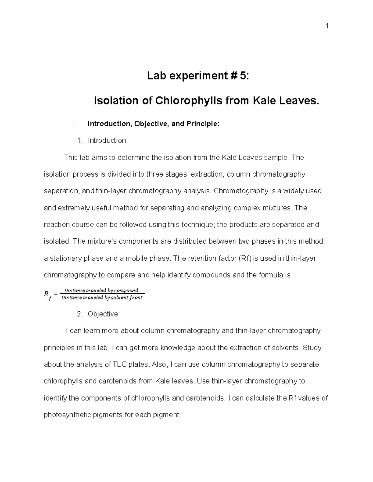 Isolation of Chlorophylls from Kale Leaves - Lab Exp #5 Analysis - Studocu