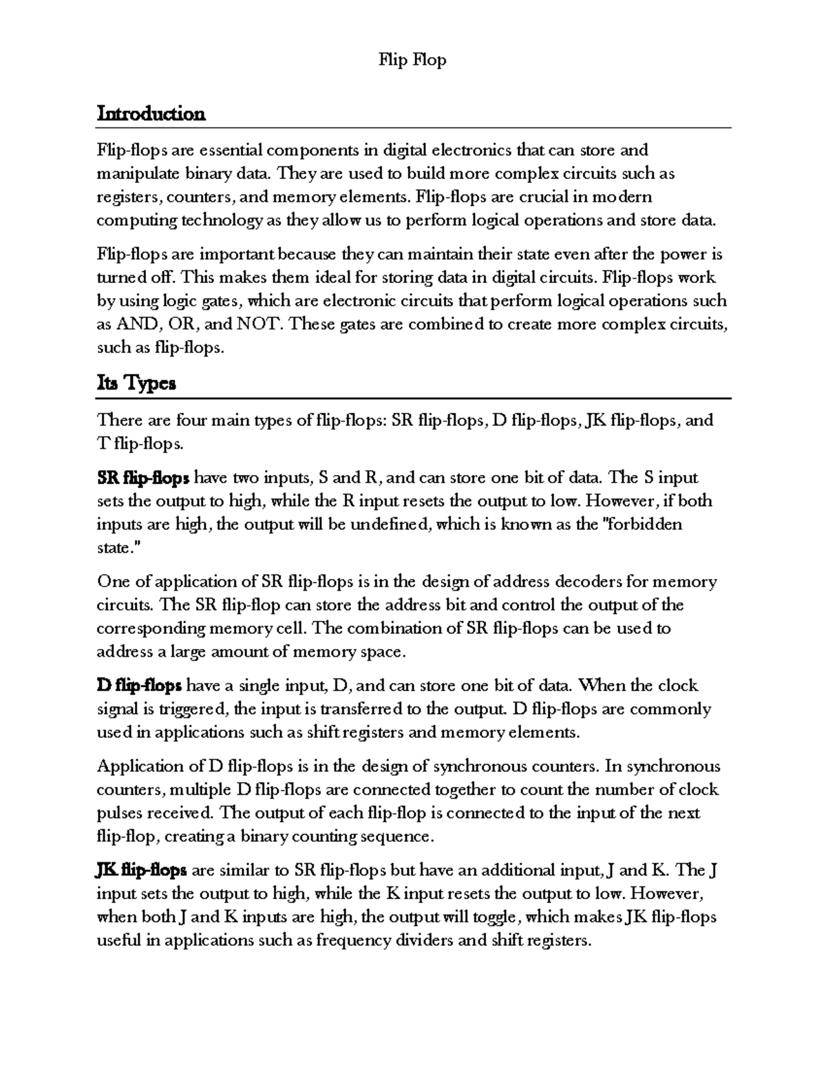 Flip-Flops in Digital Electronics: Types and Applications Summary - Studocu