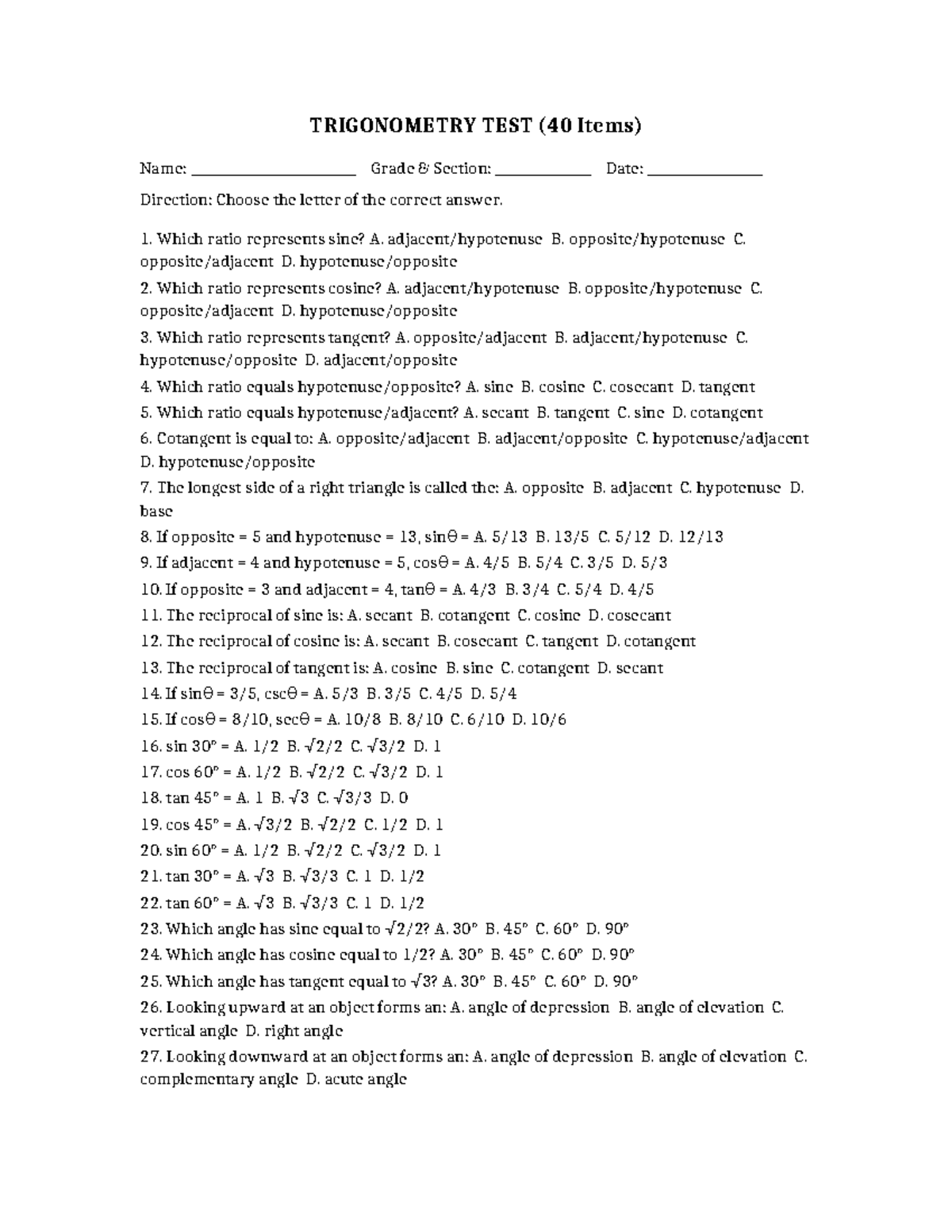 TRIGONOMETRY TEST (40 Items) - Practice Questions - Studocu