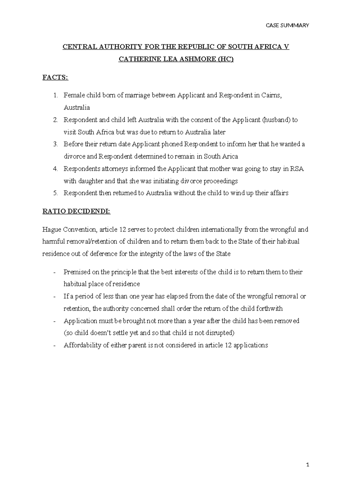Central Authority for RSA v Catherine Ashmore: Case Summary & Analysis ...