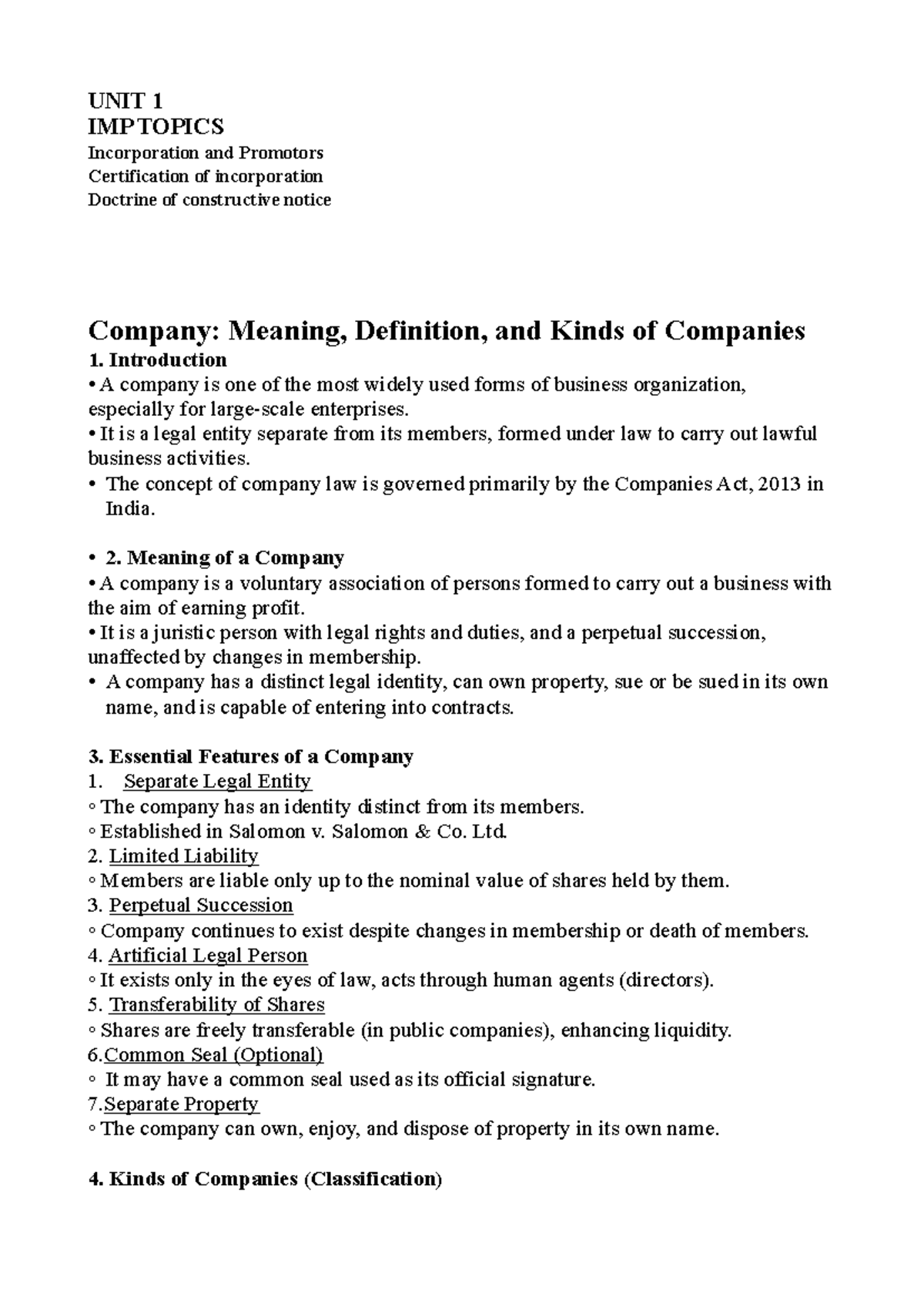 UNIT 1 Company Law: Key Topics on Incorporation & Promoters - Studocu